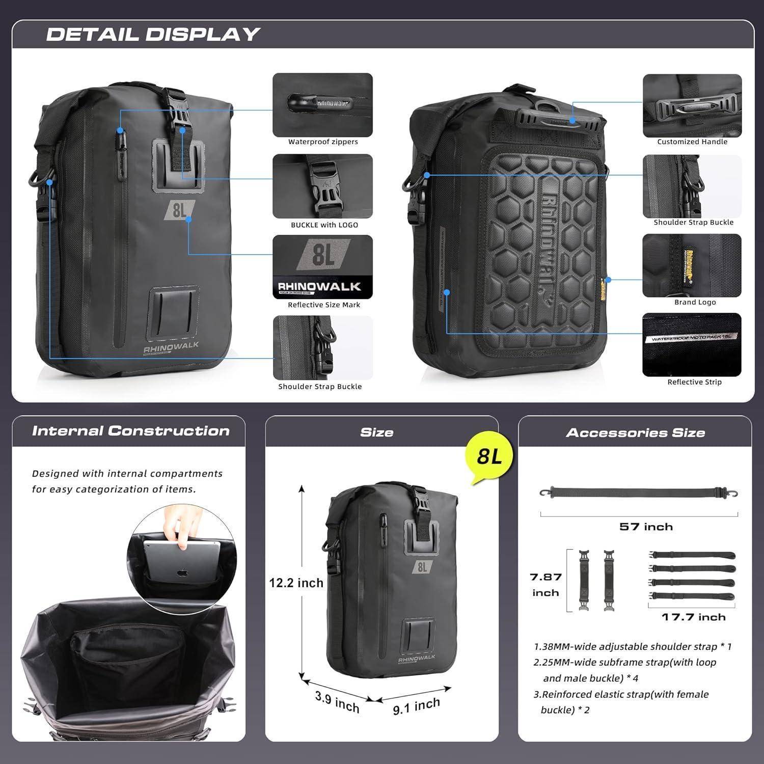 Rhinowalk Motorrad Sitztasche 8/15/30L Wasserdicht Motorradtasche Satteltaschen Gepäckträgertaschen Hecktasche Hinterradtasche Motorradgepäck Tasch