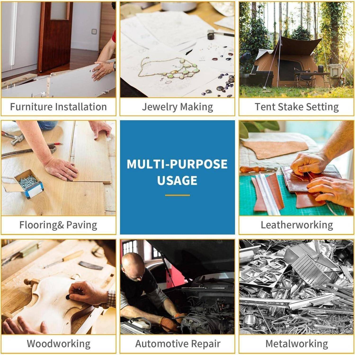 Collage, das vielseitige Verwendung zeigt: Möbelmontage, Schmuckherstellung, Zeltheringe setzen, Bodenbeläge und Pflasterung, Lederverarbeitung, Holzbearbeitung, Kfz-Reparatur und Metallverarbeitung.