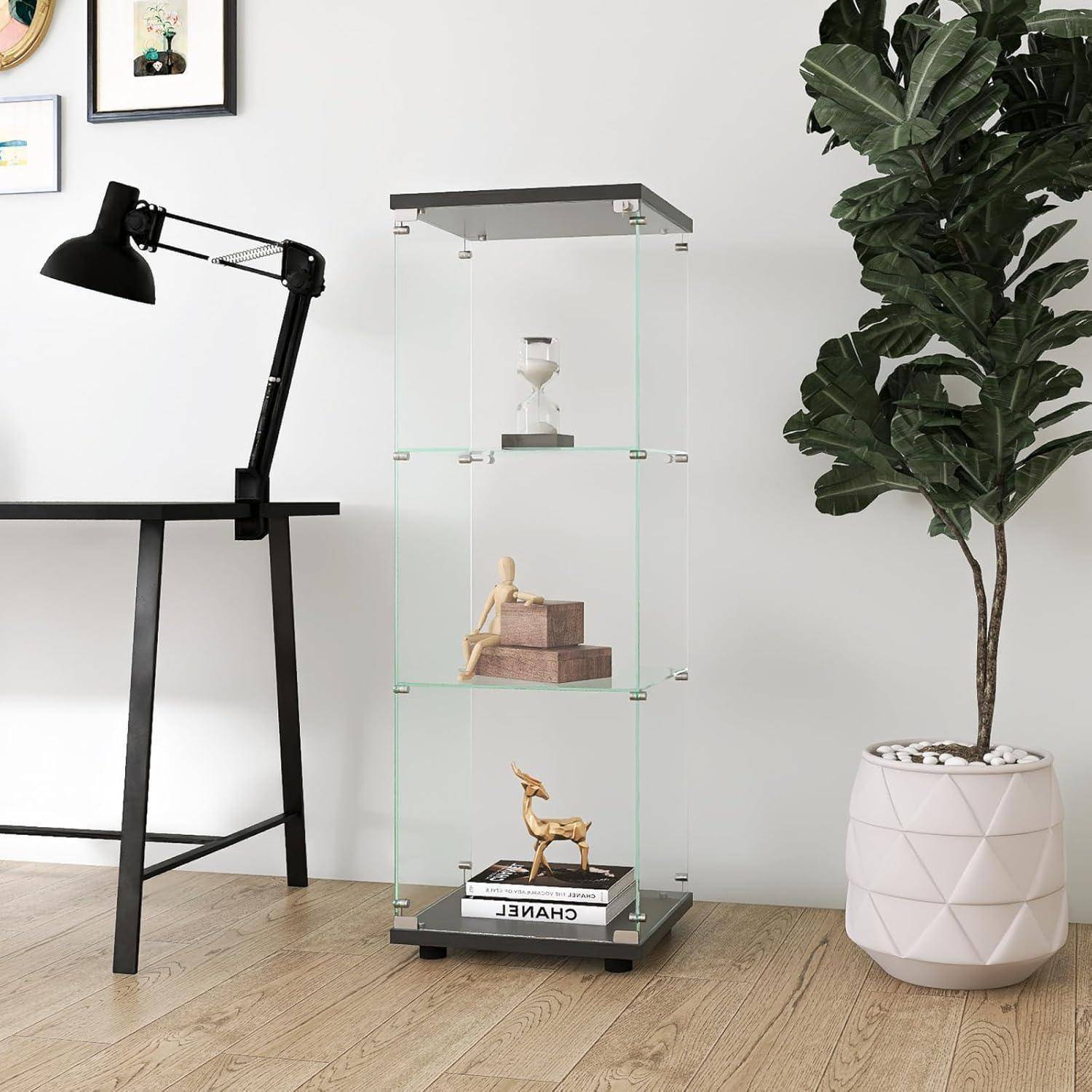 Vitrine aus Glas, Aufbewahrungsschrank aus Glas auf Fuß, Vitrine für Sammlung mit 1 Türen und Schloss, für Bar, Küche, Wohnzimmer und Büro (schw