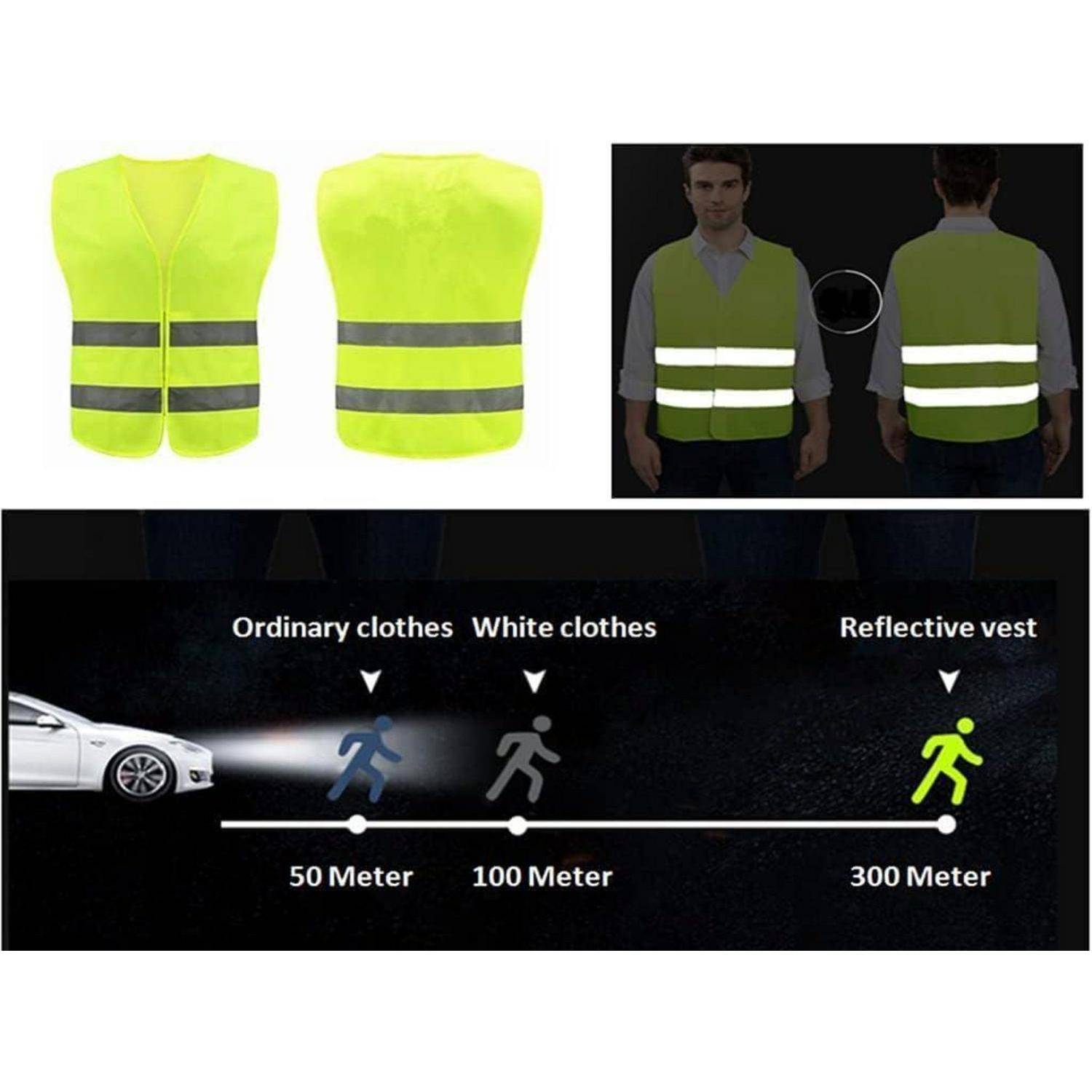 Infografik zeigt eine neongelbe reflektierende Sicherheitsweste und deren Sichtbarkeit bei Nacht; reflektierende Streifen leuchten hell auf, und ein Auto kann sie aus 300 Metern Entfernung sehen, im Gegensatz zu 50-100 Metern bei normaler oder weißer Kleidung.