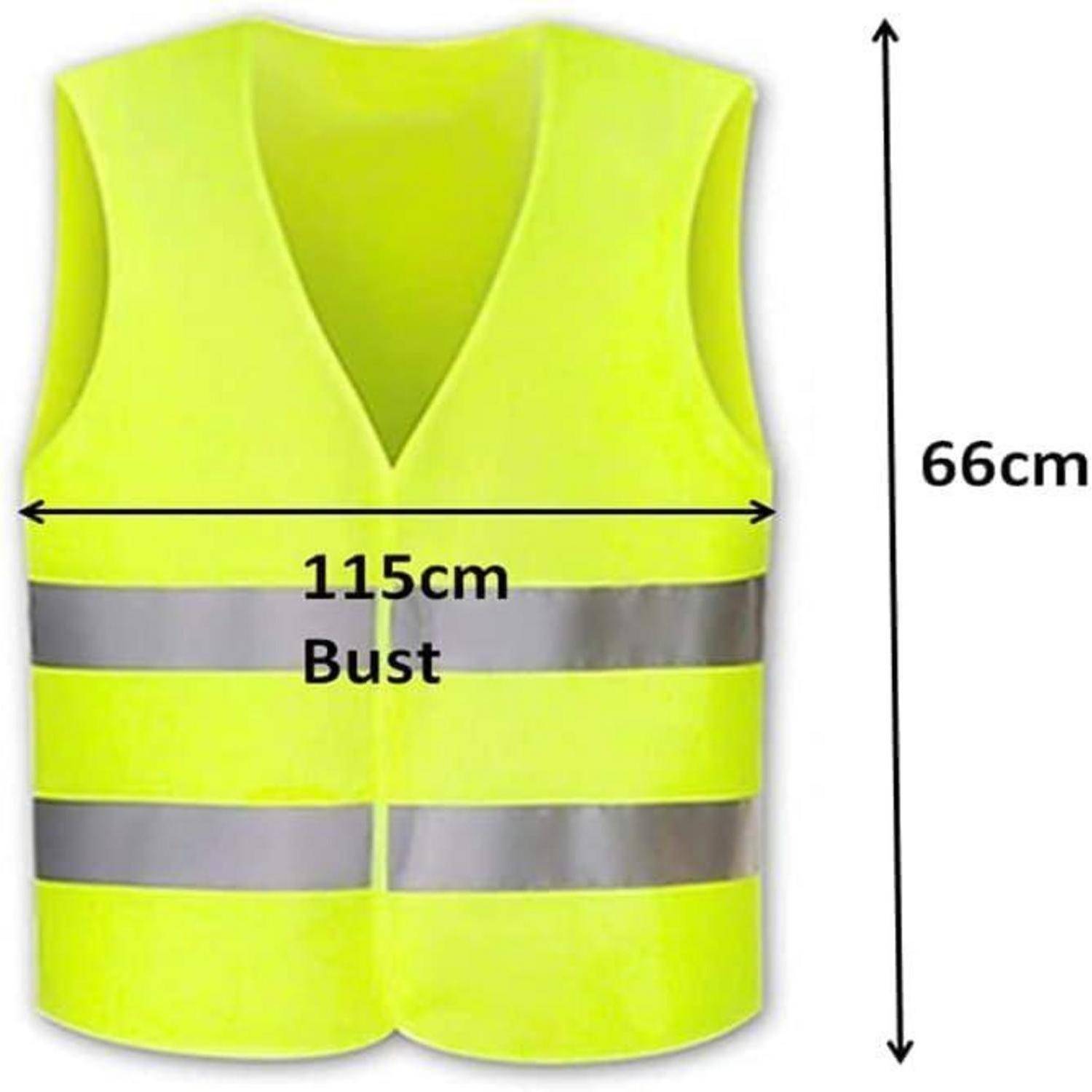 Gelbe Hochsichtbarkeitssicherheitsweste mit reflektierenden Streifen, gekennzeichnet mit den Maßen 115 cm Brustumfang und 66 cm Länge.