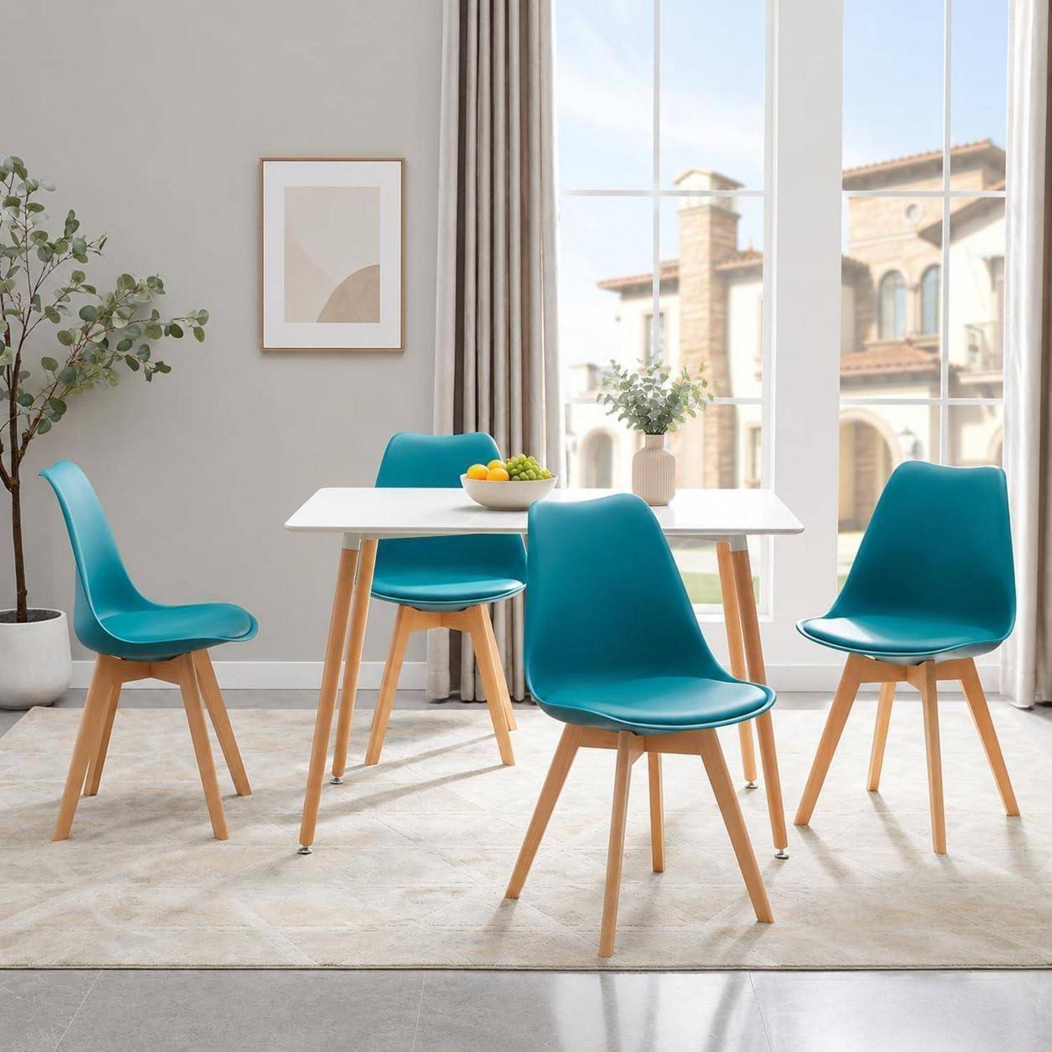 Helles Esszimmer mit vier türkisfarbenen Stühlen um einen weißen Tisch, einer Obstschale, großen Fenstern und einem minimalistischen modernen Stil.