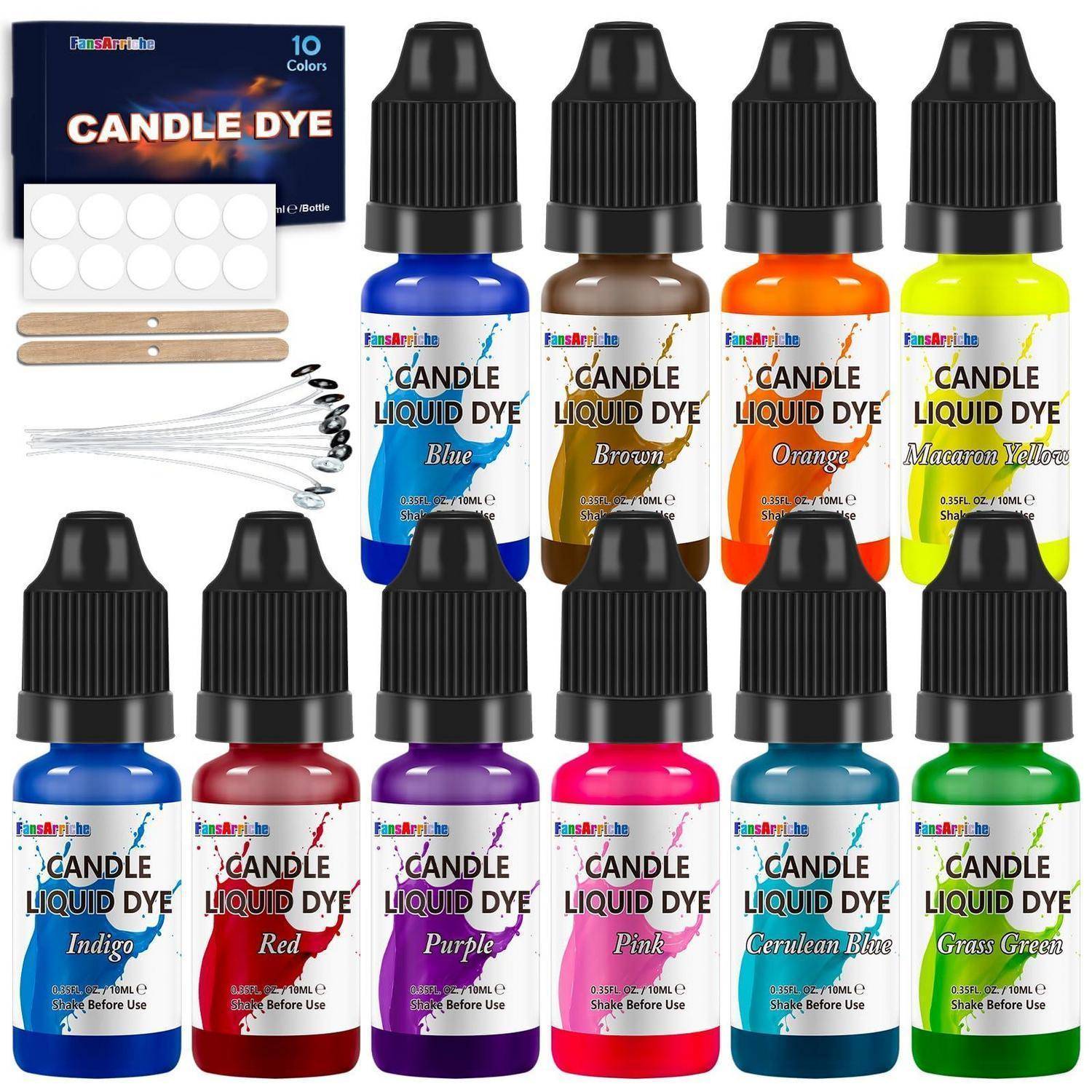 Satz von 10 Flaschen mit flüssigem Kerzenfarbstoff in verschiedenen Farben, mit Mischungswerkzeugen und einer Packung „CANDLE DYE