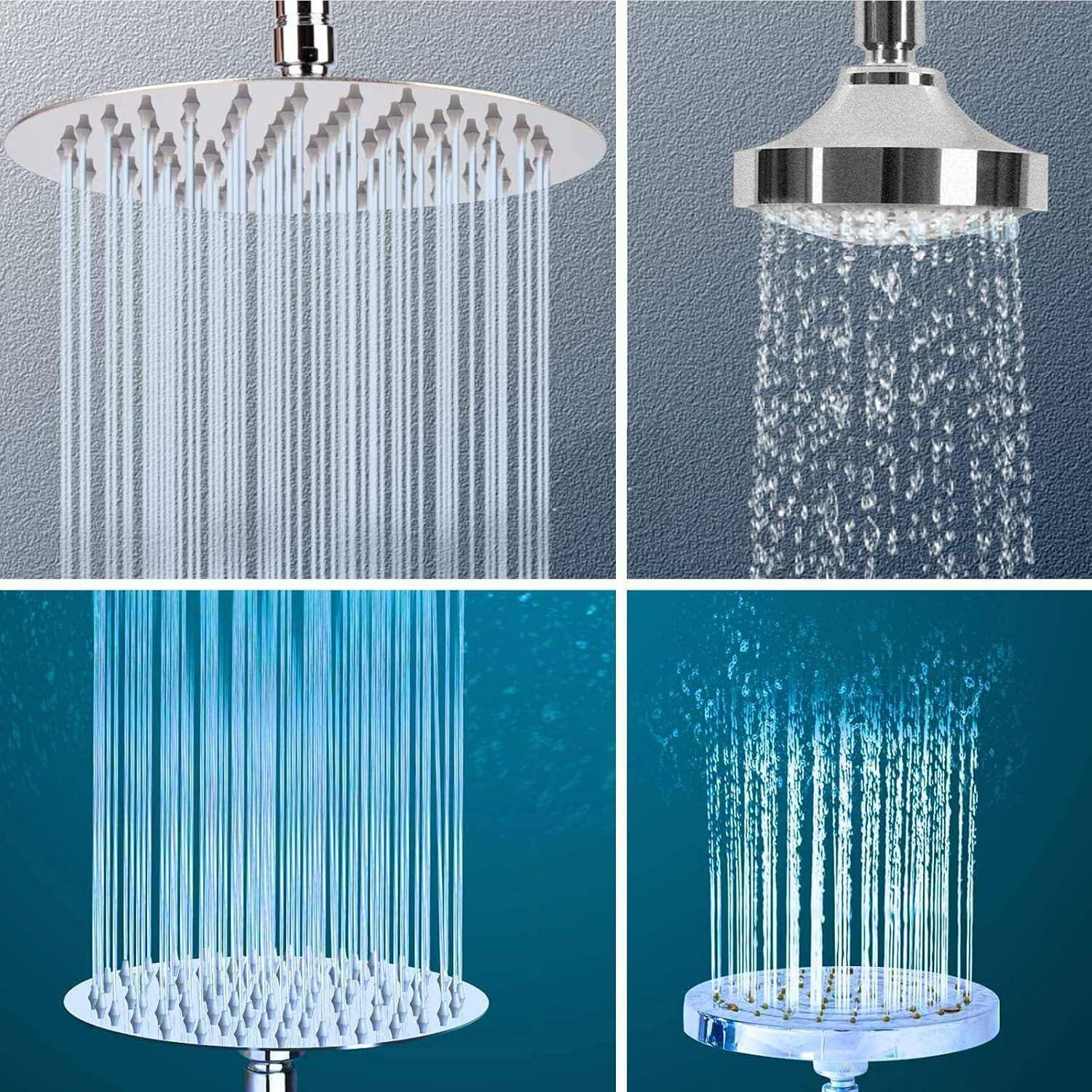 Vierpaneliges Produktbild von Duschköpfen, die verschiedene Sprühmuster zeigen: dichter Regenfall, moderater Strahl, vertikale Strahlen und beleuchteter Wasserfluss.