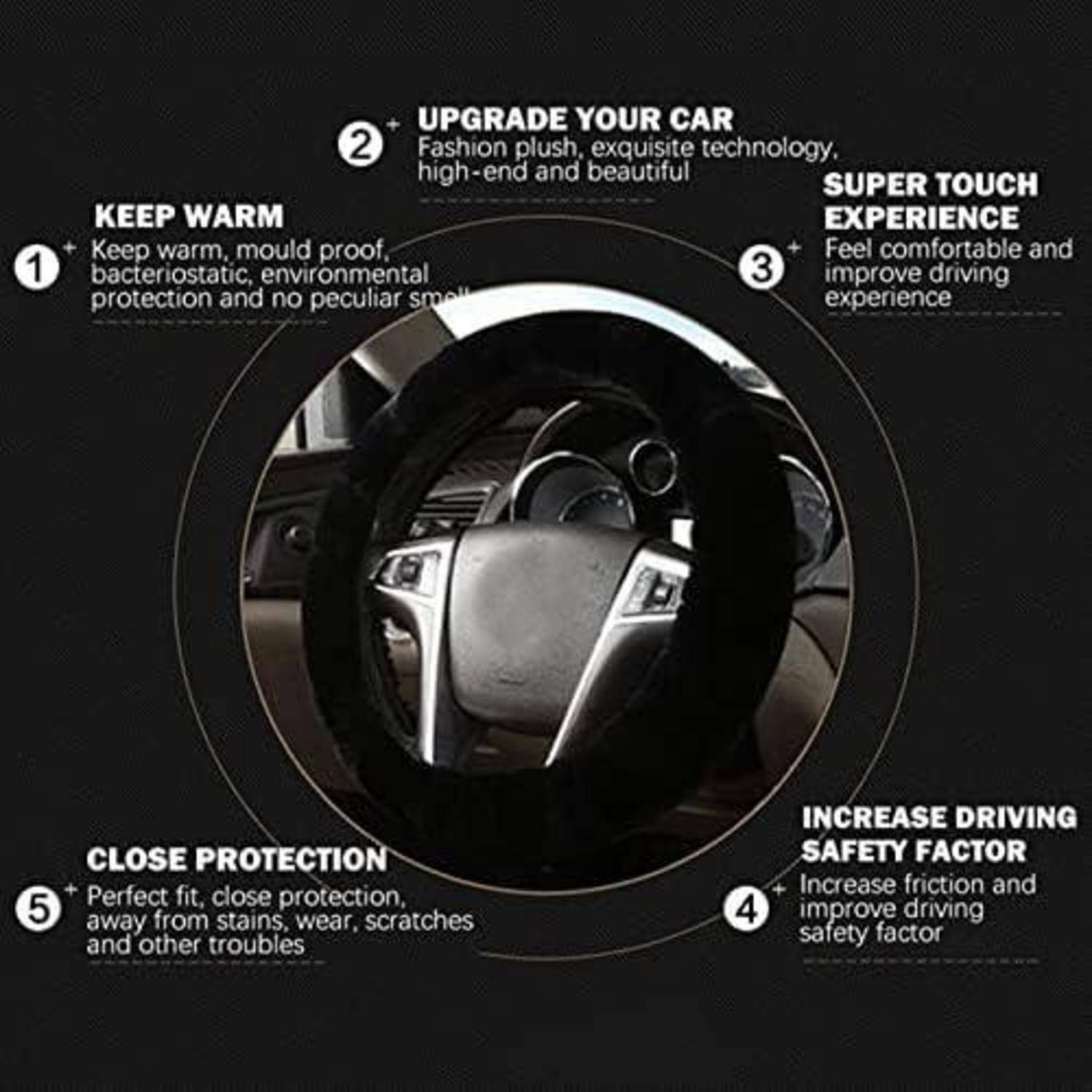 Infografik einer Lenkradabdeckung auf einem Autolenkrad mit Hervorhebung der Vorteile: warm halten, Auto aufrüsten, super Tastempfinden, erhöhte Fahrsicherheit und enger Schutz.
