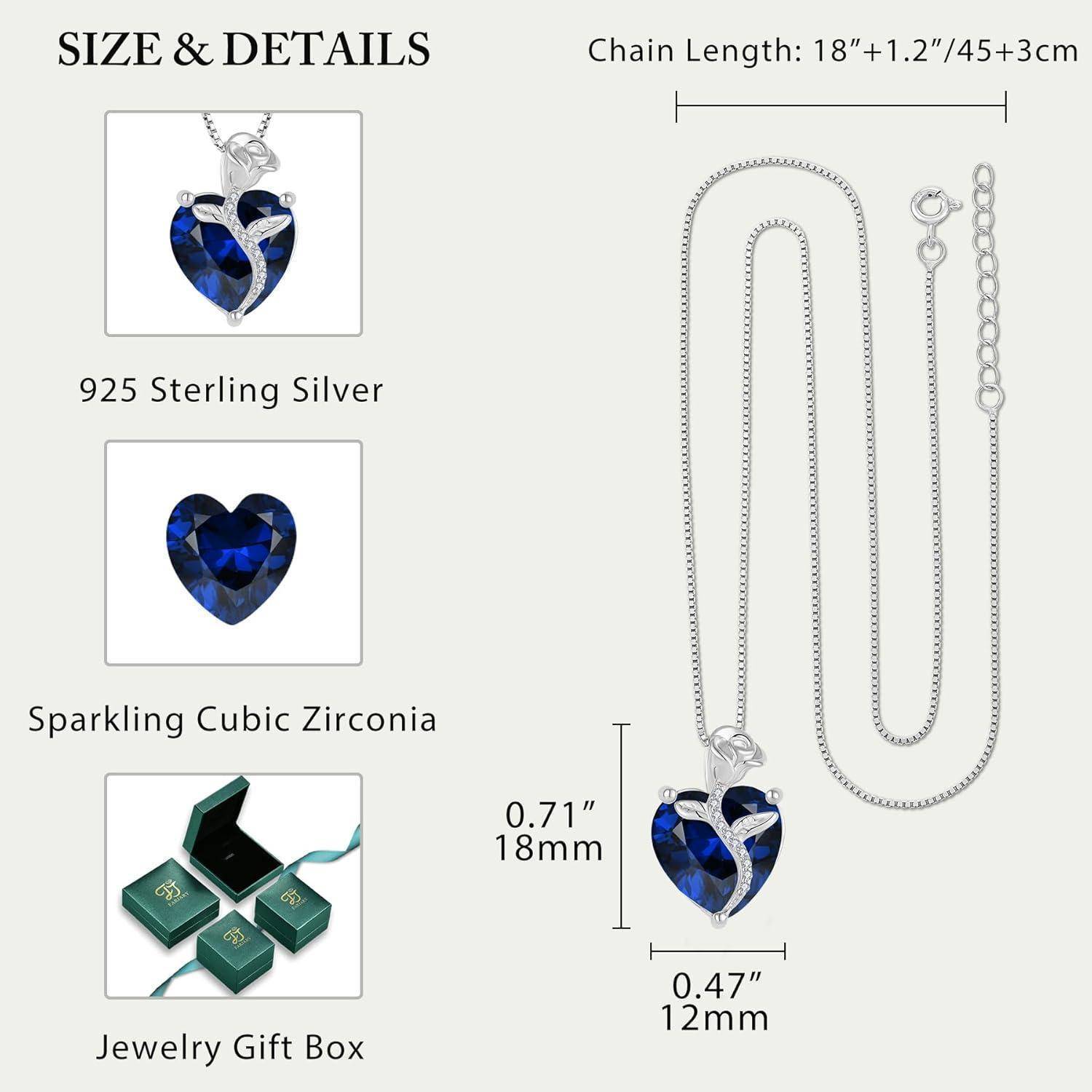 Produktgröße und Details für eine blaue Herz-Anhänger-Halskette: 925er Sterlingsilber, funkelnde kubische Zirkonia, 46 cm lange Kette, Anhänger 18 mm hoch und 12 mm breit, mit Schmuck-Geschenkbox.