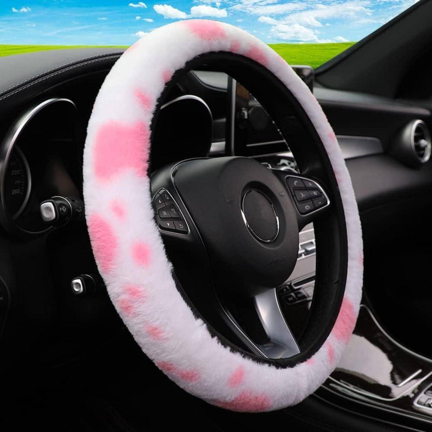 Rosa Kuh Flauschiger Lenkradbezug Rutschfest Weich Pelzig Plüsch Winter Warmer Fahrzeug Auto Lenkradschutz Universaler Auto Lenkradbezug Passend für