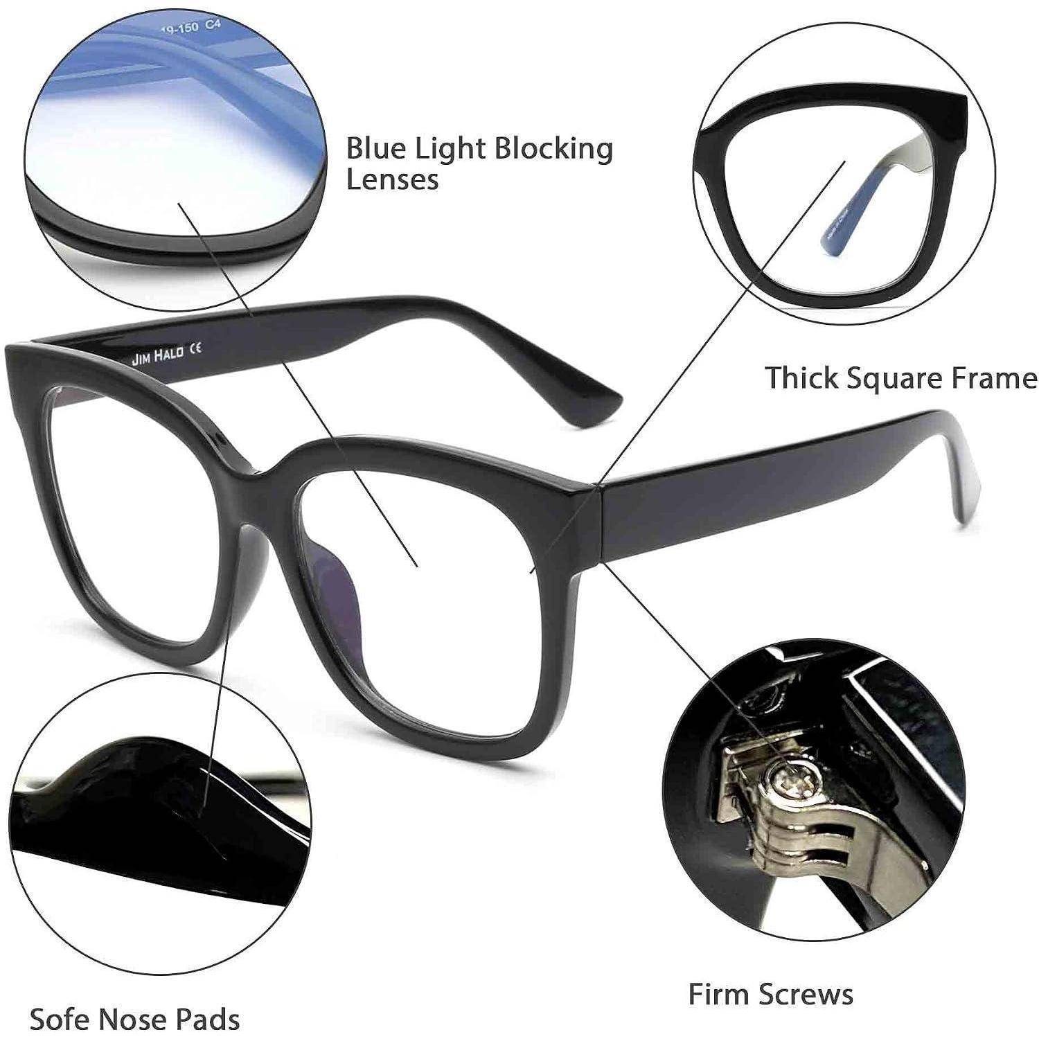 JIM HALO Blaulichtblockerbrille für Damen Übergroße Quadratische Computerbrille Metall-CP-Bügel Schwarz
