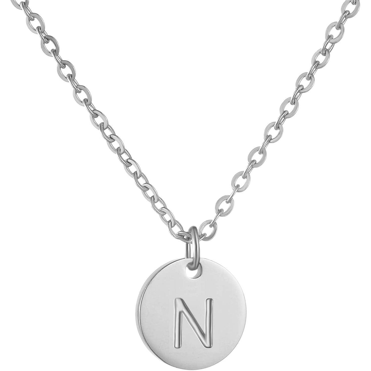 AFSTALR Damen Initialen Kette Buchstaben Anhänger Gold/Rosegold/Silber Kette mit Herzen Geburtstagsgeschenk für Mädchen Silber-N