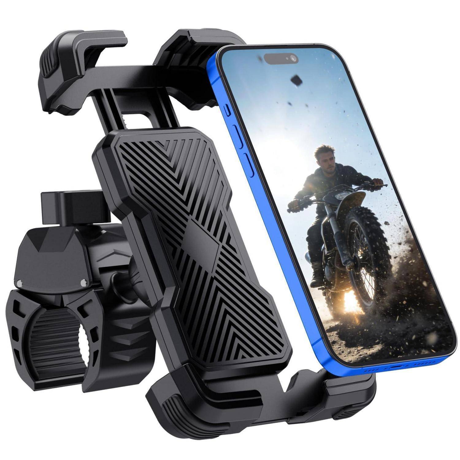 Motorrad-Lenkerhalterung für Telefone mit verstellbarer Klemme und stoßdämpfendem Griff, der ein Smartphone hält, auf dem ein Fahrer auf einem Dirt Bike angezeigt wird.