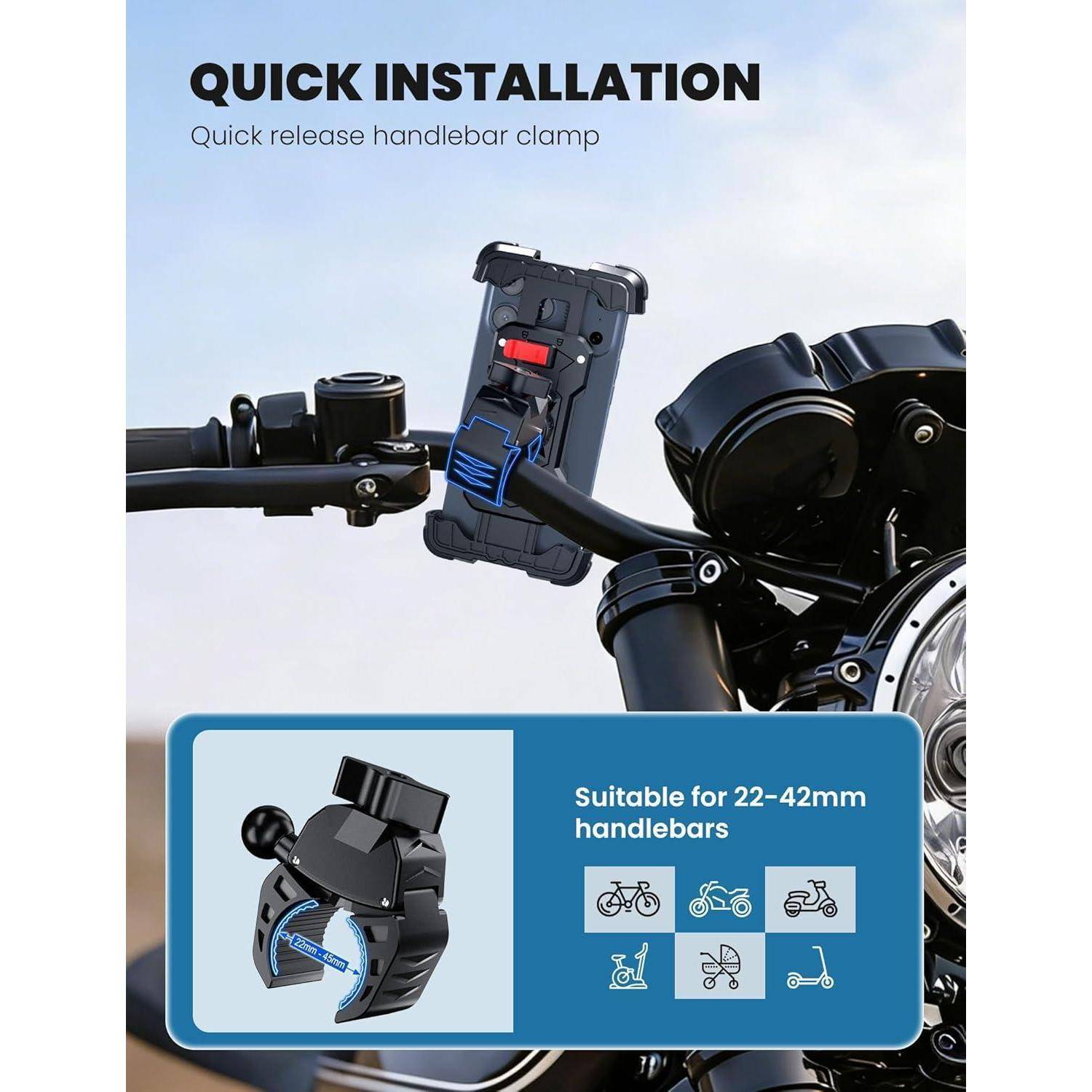 Grafik zur Schnellinstallation einer Schnellwechsel-Lenkerstange-Telefonhalterung auf einem Motorrad, geeignet für 22-42-mm-Lenker.