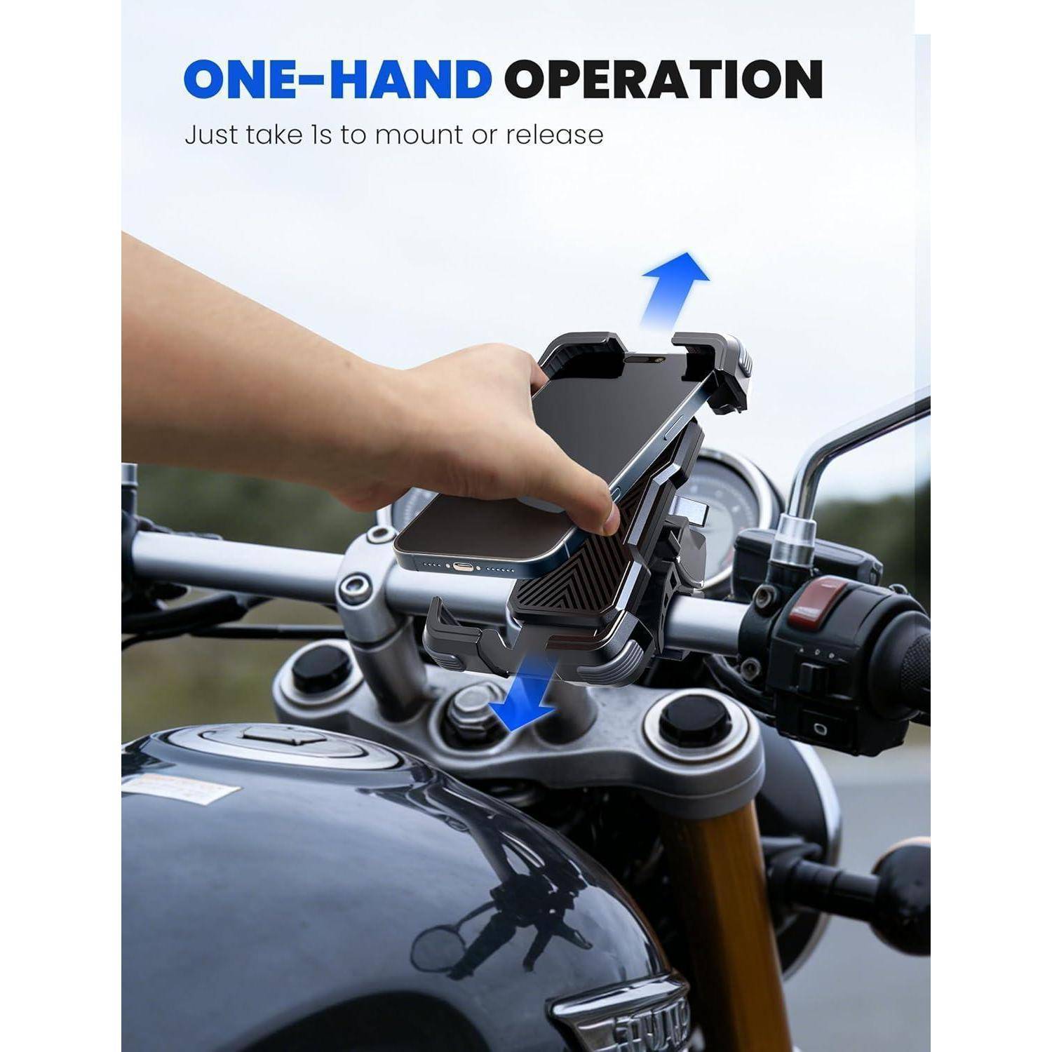 Handmontage eines Smartphones in eine Motorrad-Lenkerhalterung; Text sagt „BEDIENUNG MIT EINER HAND" und „Einfach nehmen zum Montieren oder Freigeben"".