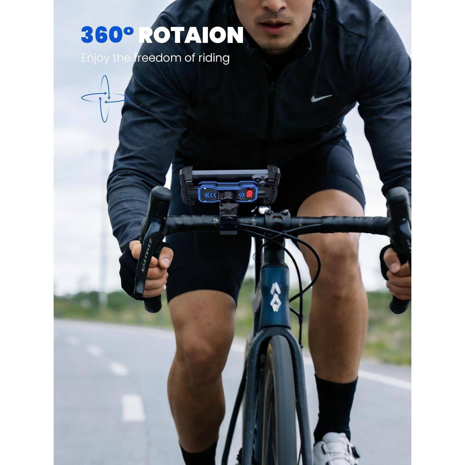 Radfahrer auf einem Rennrad mit einer Lenker-Handyhalterung, beschriftet mit „360° DREHUNG" und „Genießen Sie die Freiheit des Fahrens"".