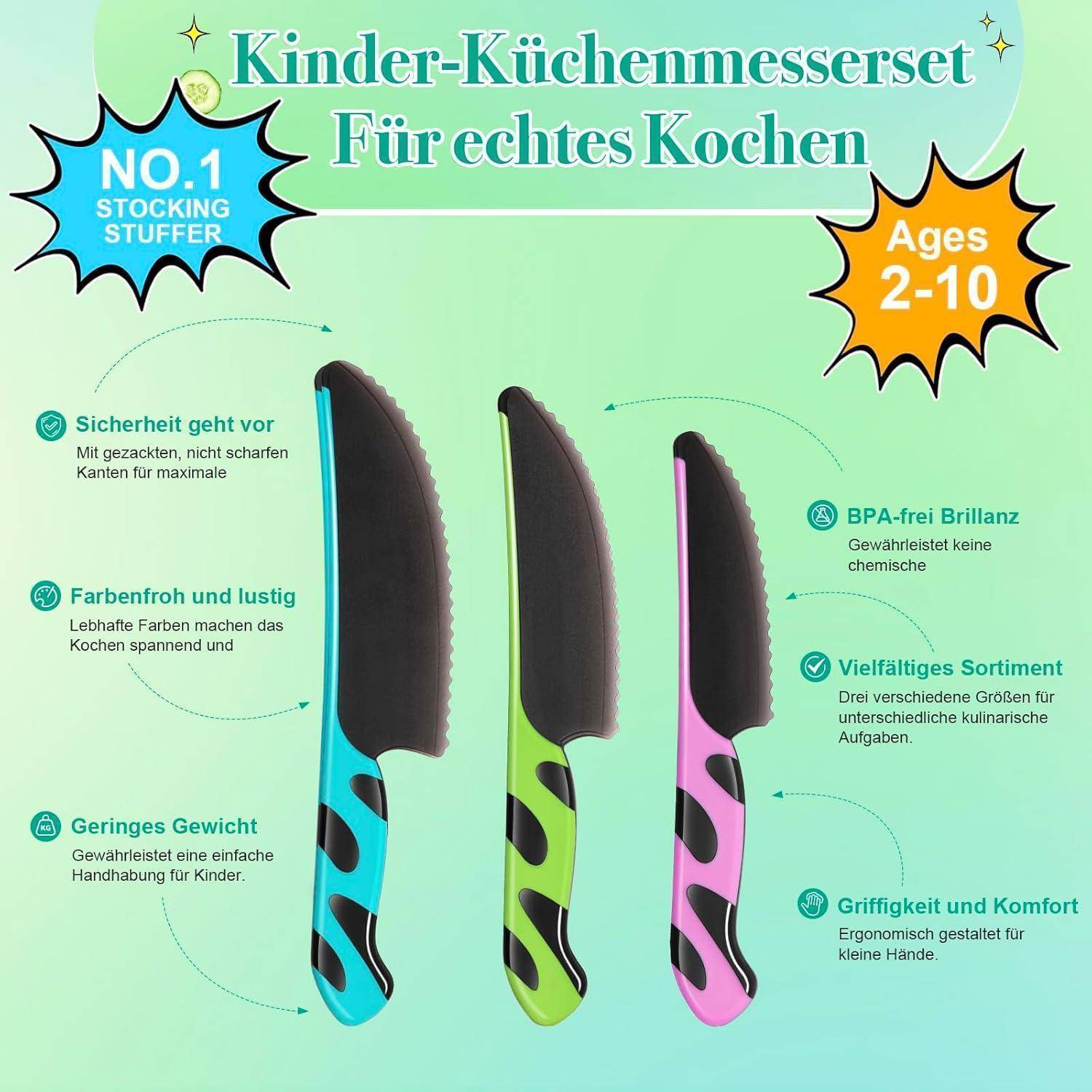 Kindermesser- 3-teilig, Montessori Kindermesser ab 2 Jahren, BPA-frei &amp; sicher, Lernset mit Keramik-Schäler und austauschbarer Kunststoff Klinge