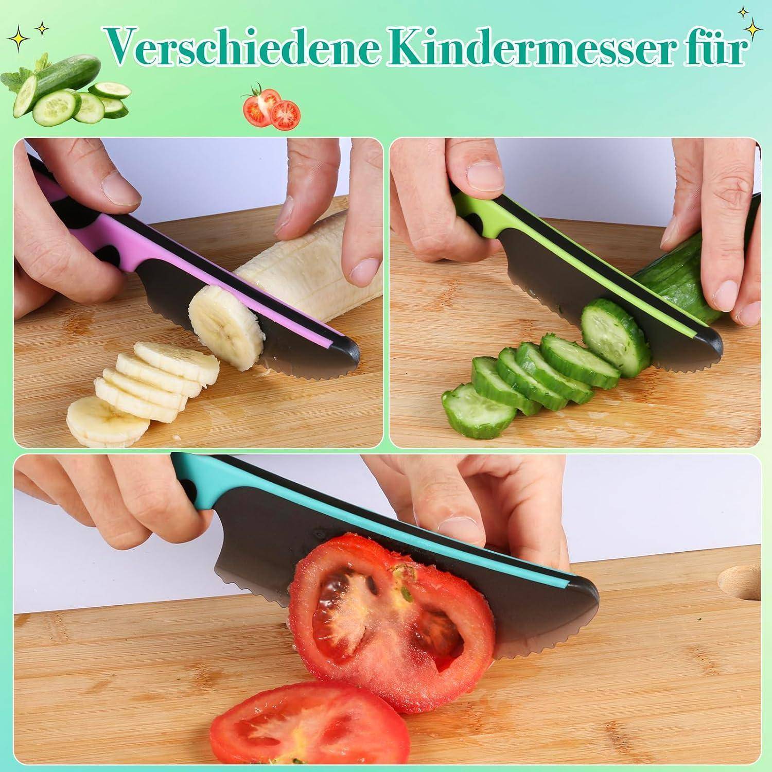 Promotional-Collage mit drei kinderfreundlichen Messern beim Schneiden von Banane, Gurke und Tomate auf einem Schneidebrett, mit deutschem Titel „Verschiedene Kindermesser für"