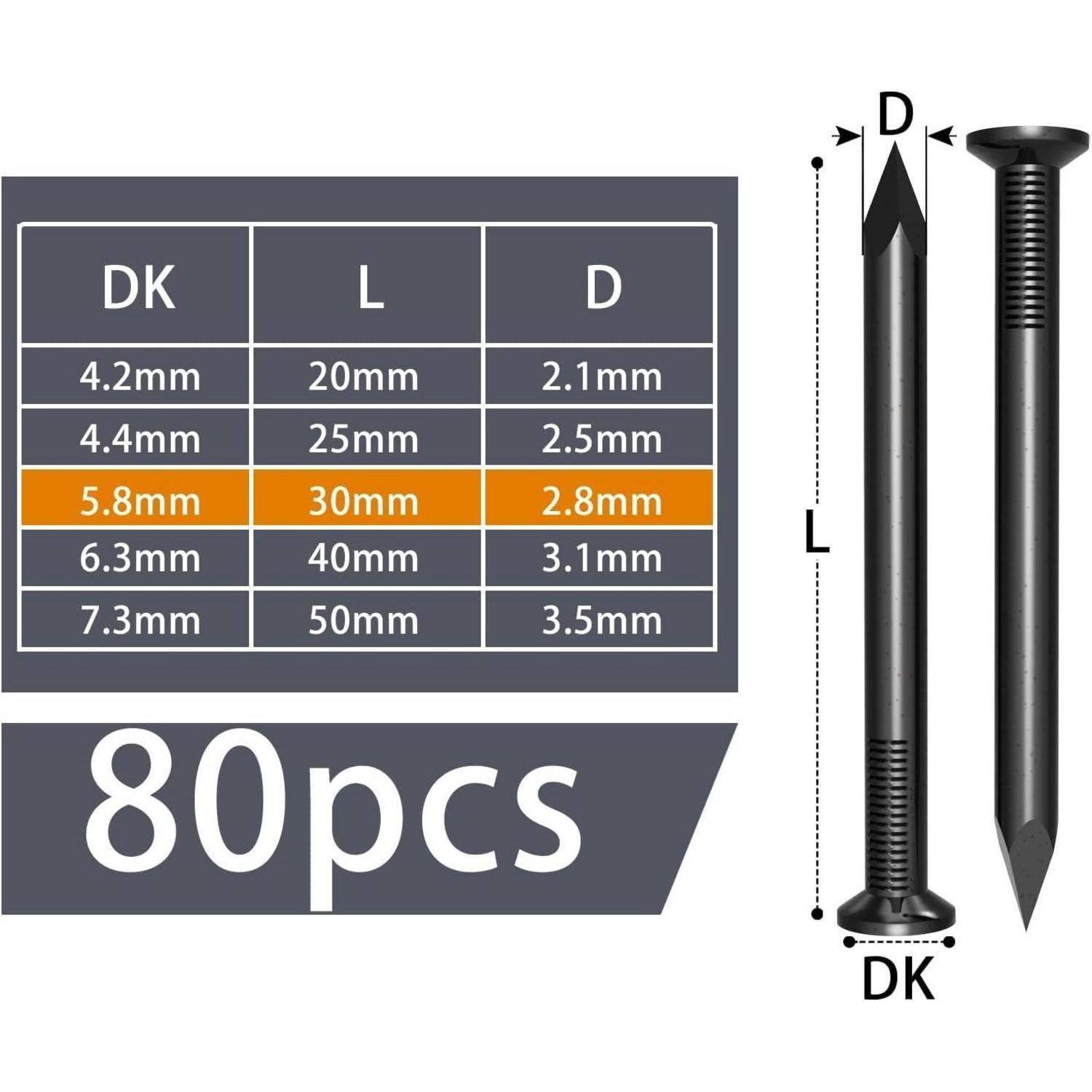 Diagramm der Nagelgrößen und Mengen: Tabelle listet DK-, L- und D-Messungen auf, wobei 5,8 mm, 30 mm und 2,8 mm hervorgehoben sind, mit „80 Stück