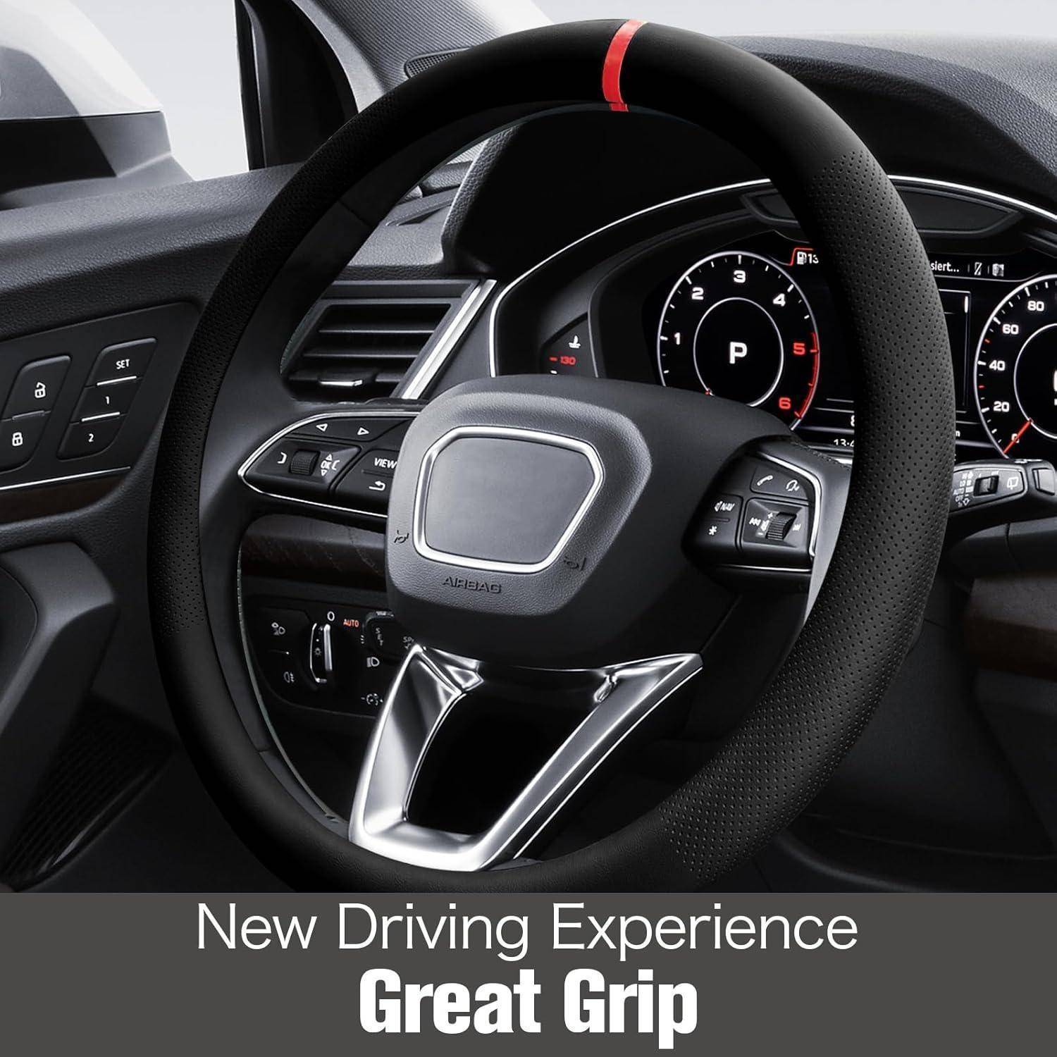 Nahaufnahme eines Autolenkrads und Armaturenbretts mit dem Text „Neues Fahrerlebnis" und „Großartiger Grip"" unten.