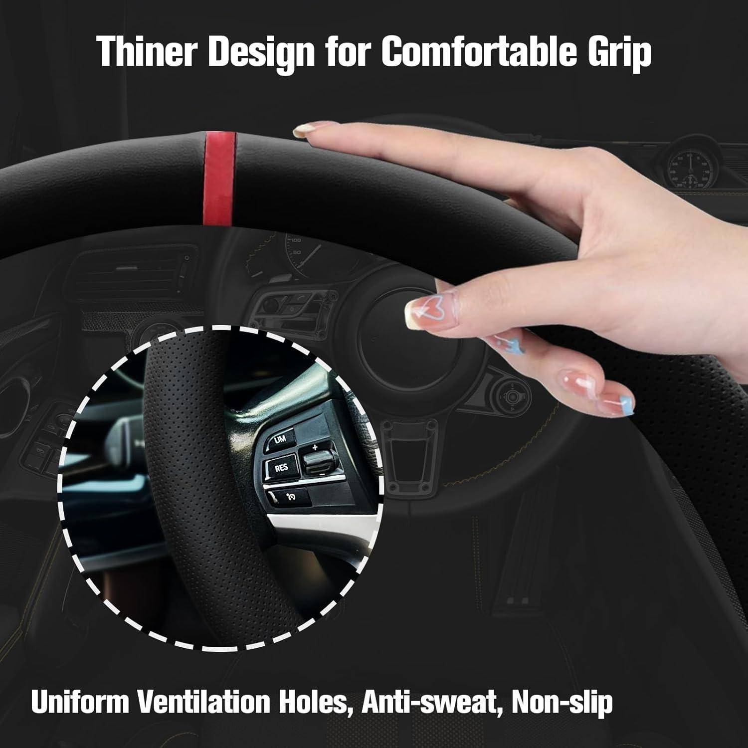 Anzeige zeigt eine Hand, die eine dünne, perforierte Lenkradabdeckung in einem Auto greift, mit Hervorhebung von „Dünneres Design für komfortablen Griff" und „Gleichmäßige Belüftungslöcher, Schweißabweisend, Rutschfest"".
