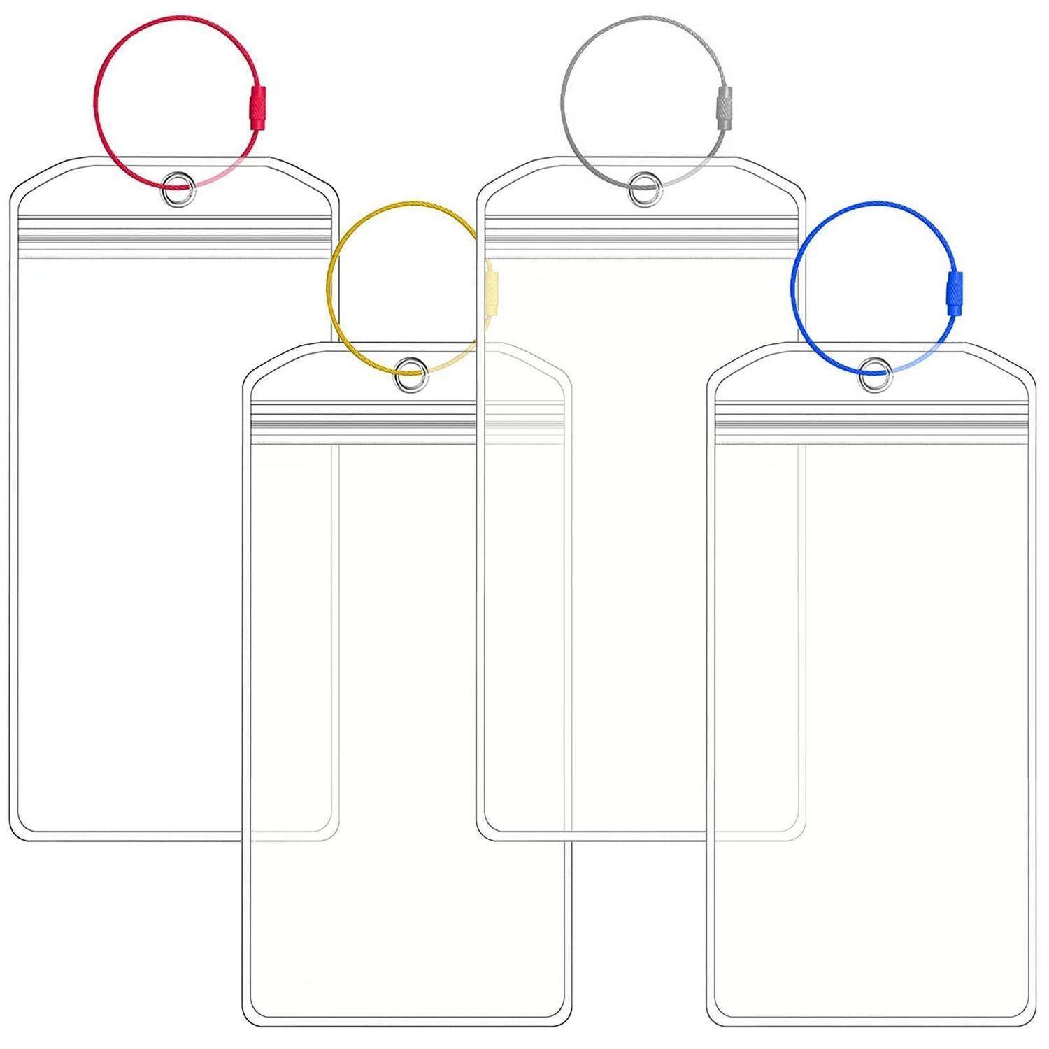 Diagramm von vier transparenten Handyhüllen-Umrissen, von denen jede eine andere farbige Schlaufe für ein Handyband am oberen Ende zeigt: rot, gelb, grau und blau.