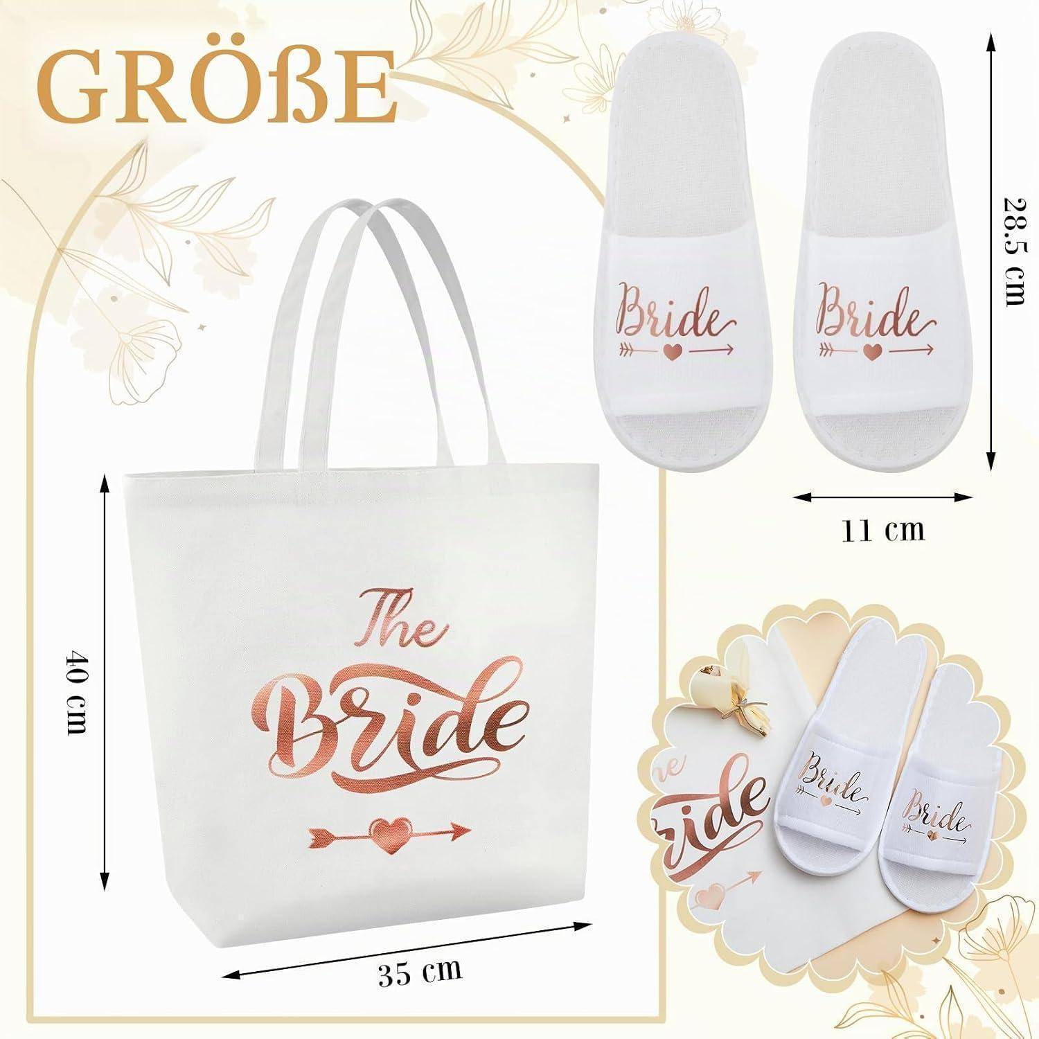 Bridal-Geschenkset-Größentabelle mit einer weißen Tragetasche und zwei weißen Hausschuhen mit der Bezeichnung 