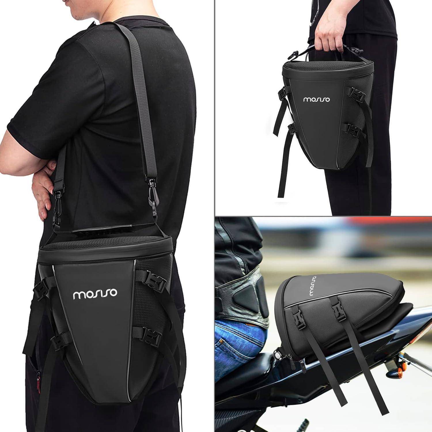 Schwarze Motorrad-Beintasche, quer über den Körper getragen, gezeigt an einer Person und montiert auf einem Fahrradsattel, mit verstellbaren Riemen und "mauro""-Logo.