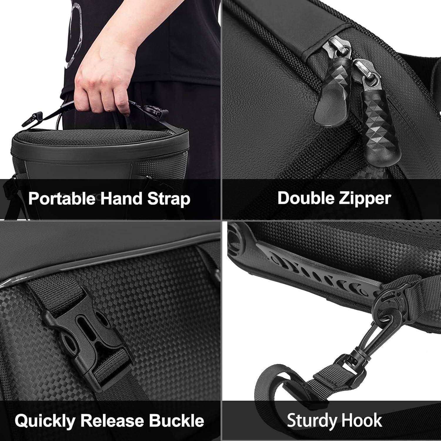 Vier-teilige Produktdetailaufnahme einer schwarzen Tasche mit tragbarem Handgriff, Doppelreißverschlüssen, schnellöffnender Schnalle und robustem Haken mit Beschriftungen.