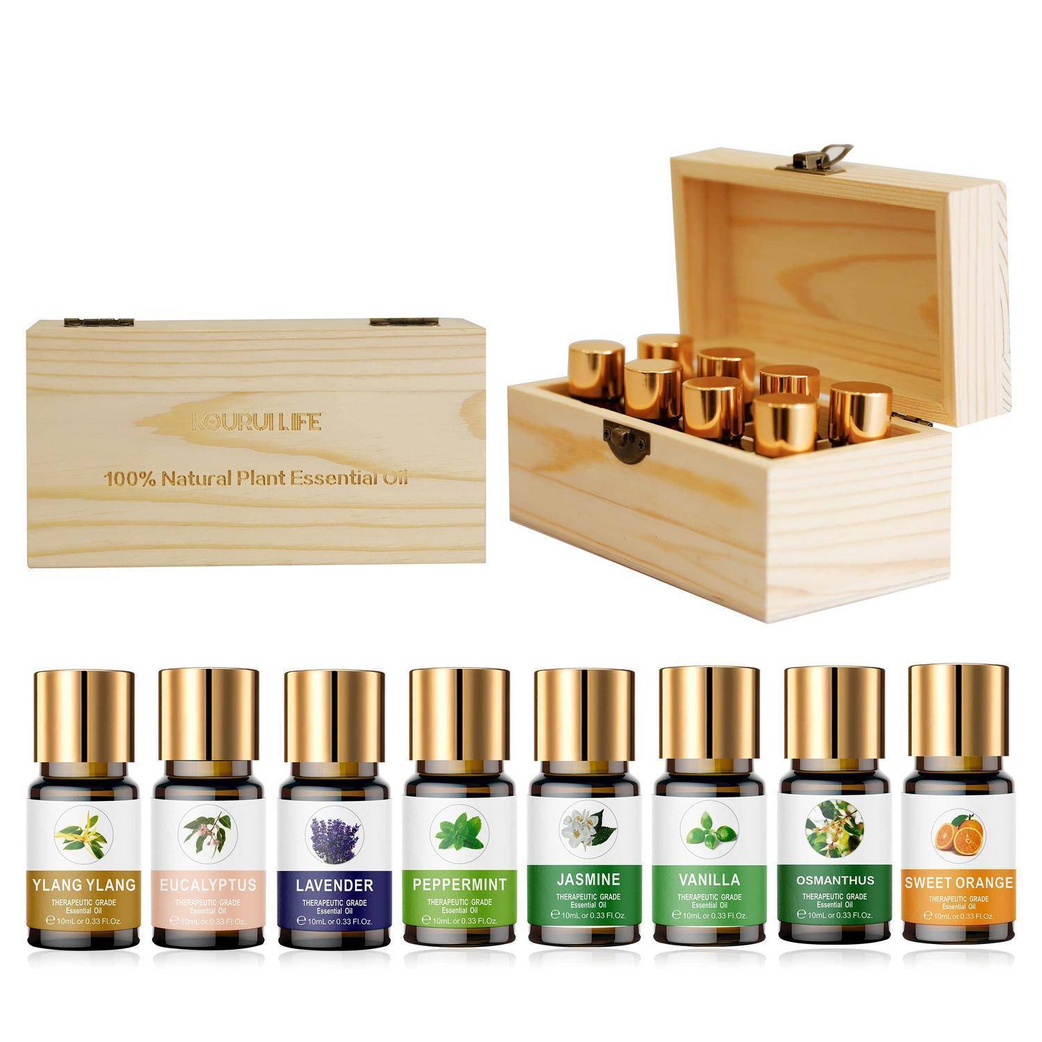 Geschenkset aus 100% natürlichen pflanzlichen ätherischen Ölen in einer Holzbox mit acht kleinen beschrifteten Flaschen: Ylang Ylang, Eukalyptus, Lavendel, Pfefferminze, Jasmin, Vanille, Osmanthus und Süßorange.