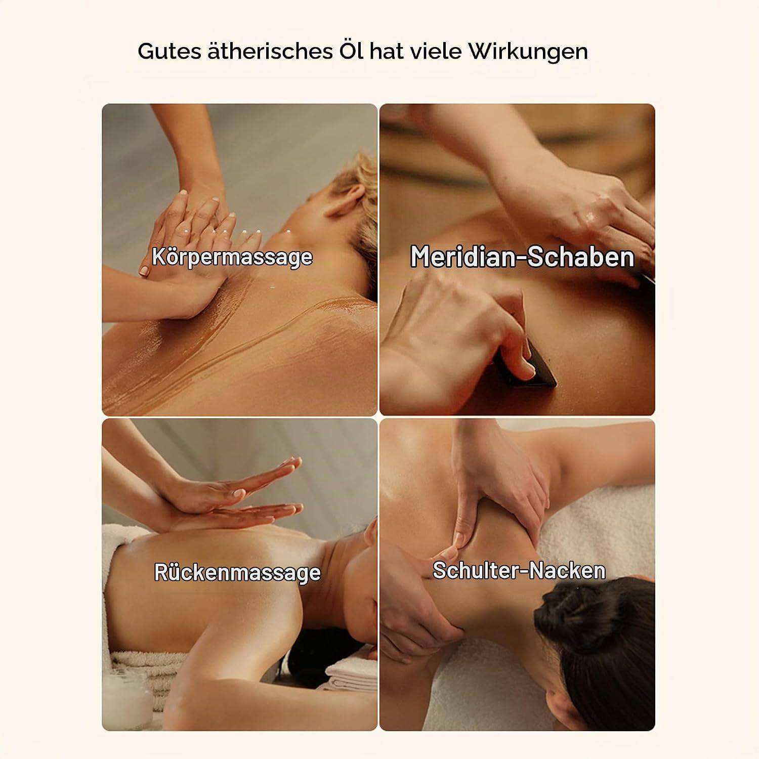 Vierteiliges Bild, das die Verwendungen von „Gutes ätherisches Öl hat viele Wirkungen