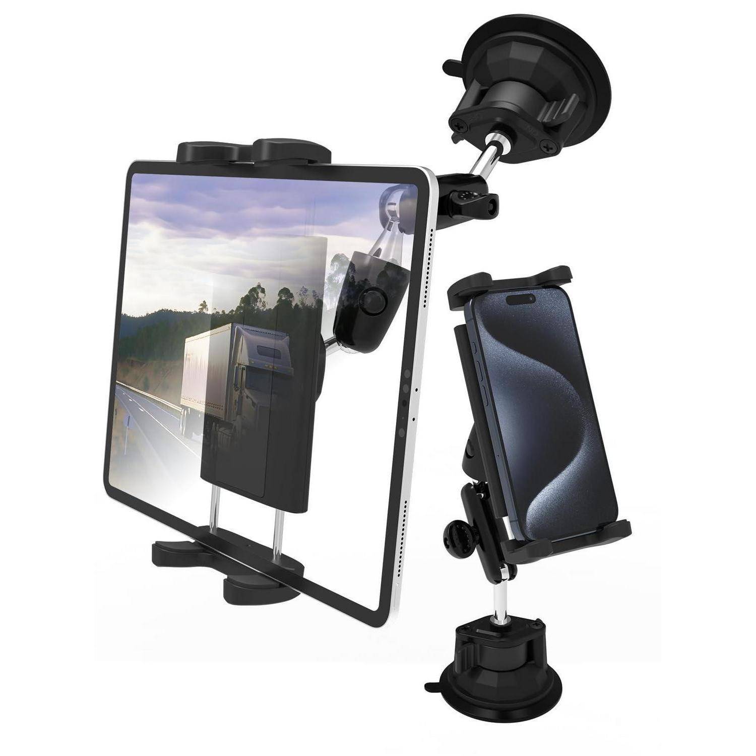 Verstellbare Saugnapfhalterungen, die ein Tablet und Smartphone für die Verwendung an der Fahrzeugwindschutzscheibe halten.