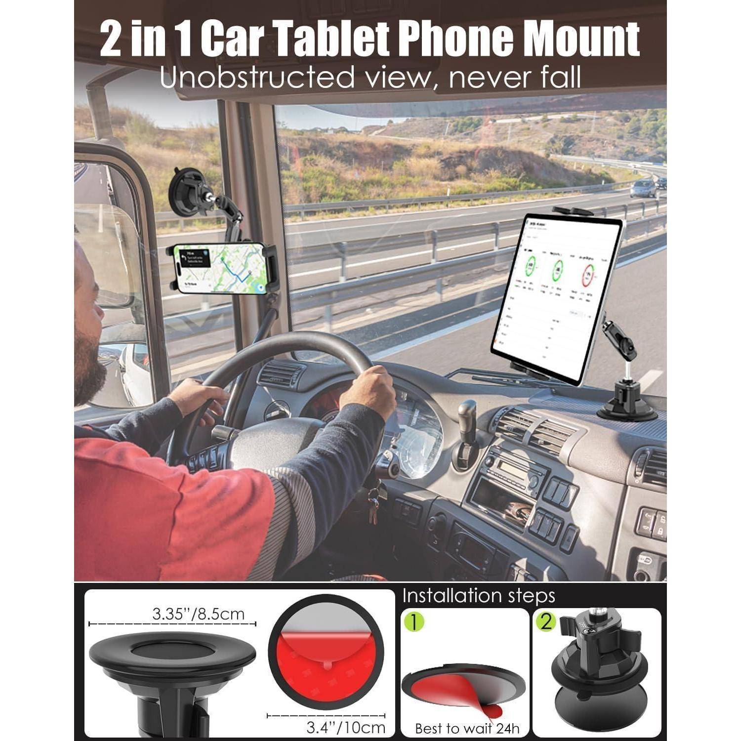 Werbebild einer 2-in-1-Auto-Tablet- und Telefonhalterung mit Saugnapfbasis und verstellbaren Armen, gezeigt in einer Lastwagenkabine mit Text „Ungehinderter Blick, fällt nie herunter" und Installationsschritten.