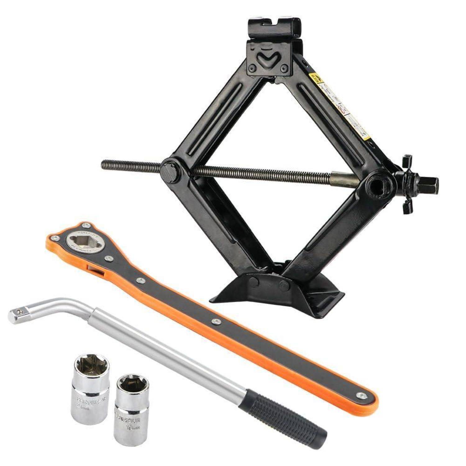 Wagenheber-Set mit schwarzem Scherenheber, orangefarbenem Ratschenschlüssel, zwei Sockeladaptern und einem silbernen Radmutterschlüssel auf weißem Hintergrund.