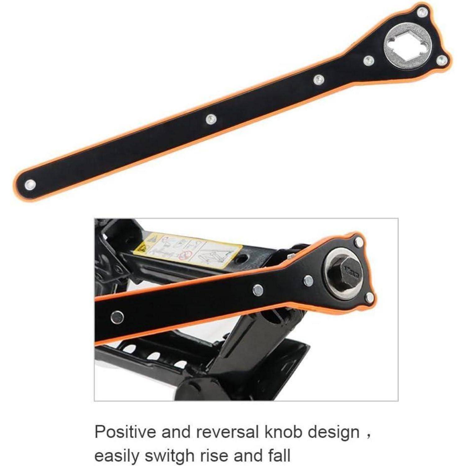 Schwarzer orangefarbener Wagenhebel-Griff mit einem umkehrbaren Knopf, gezeigt allein und am Wagenheber befestigt; der Text lautet „Design mit Positiv- und Umkehrknopf, einfaches Umschalten zwischen Heben und Senken