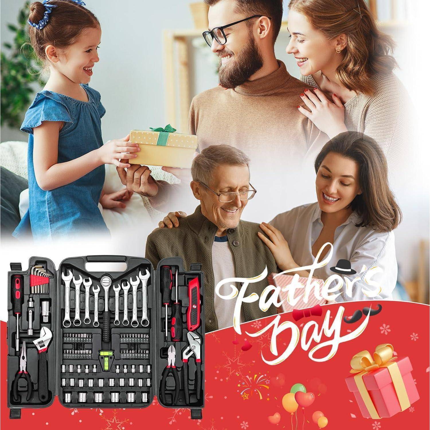 Vatertagsbild, das Familienmitglieder zeigt, die einem älteren Mann ein Geschenk geben, mit einem Werkzeugsatz und dem Text 