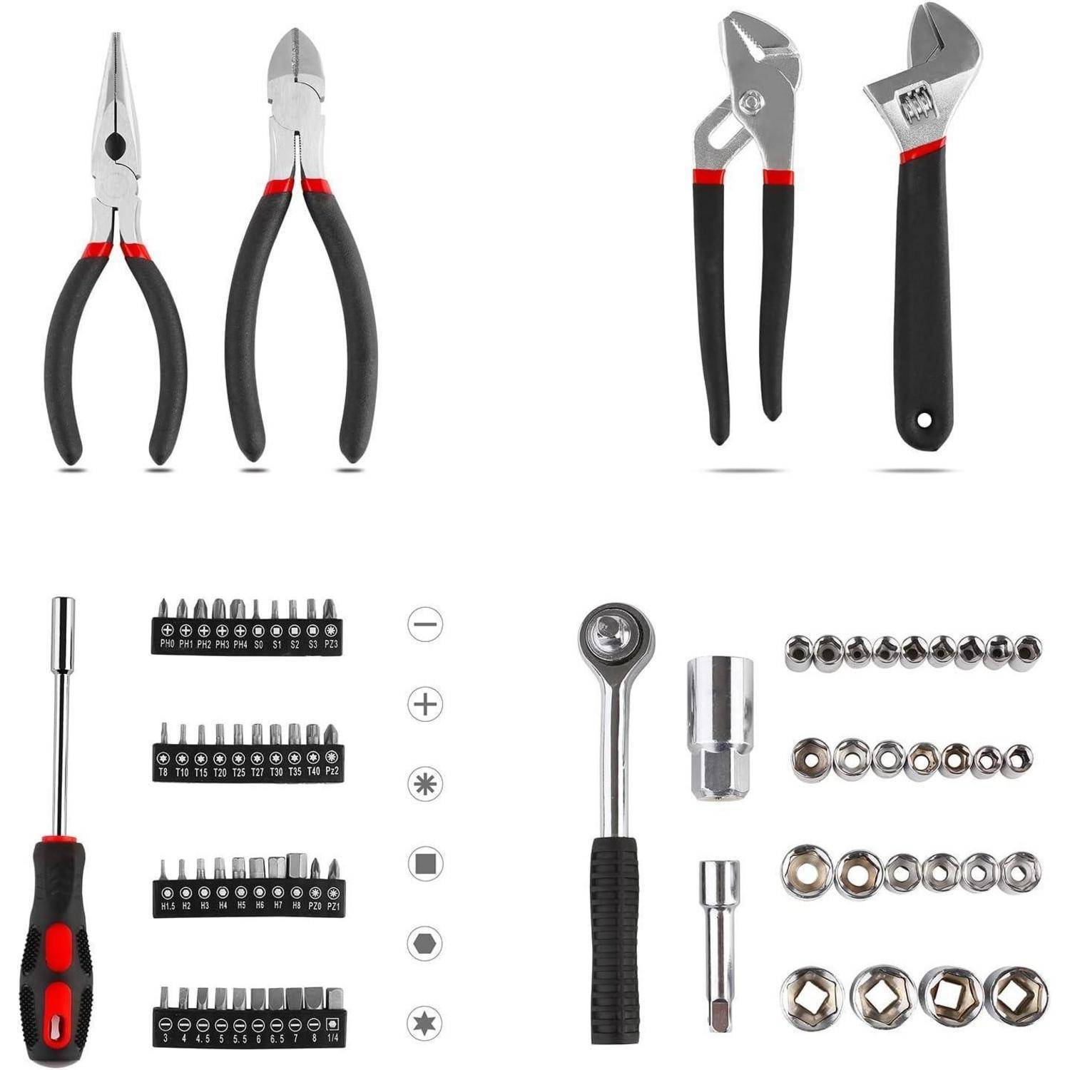 Ein Set Handwerkzeuge: Zangen, verstellbarer Schraubenschlüssel, Schraubendreher mit Bitsets, Ratschenkopf, Steckschlüssel und Adapter auf weißem Hintergrund.