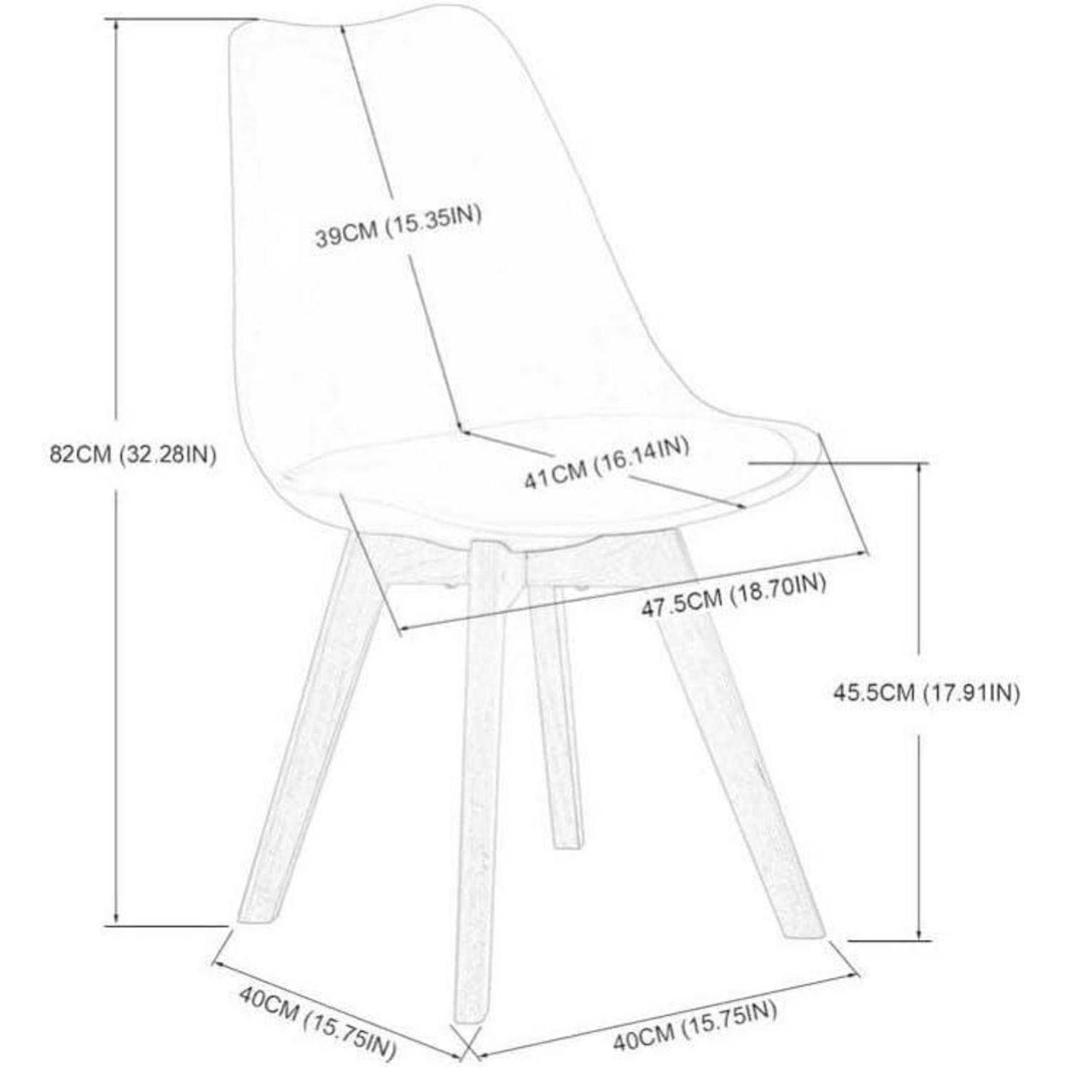 Maßstabgerechte Linienzeichnung eines modernen Stuhls mit folgenden Abmessungen: Gesamthöhe 82 cm, Sitzhöhe 45,5 cm, Sitztiefe 47,5 cm, Sitzbreite 41 cm und Basisbreite 40 cm.