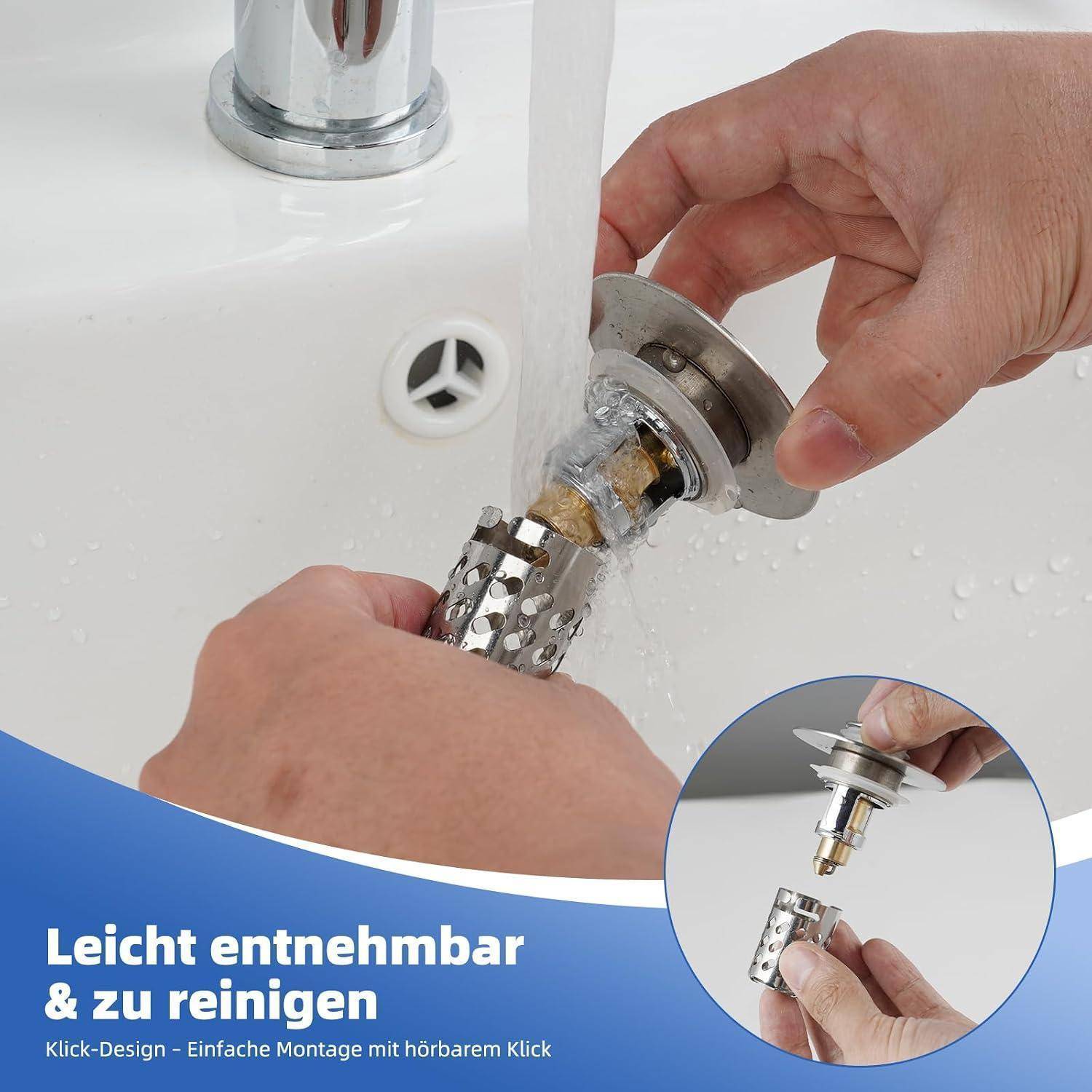 Hände schrauben einen abnehmbaren Wasserhahn-Luftsprudler zur einfachen Reinigung ab, mit Ausschnitt, das das Klick-Design-Teil abgelöst vom Wasserhahn zeigt.