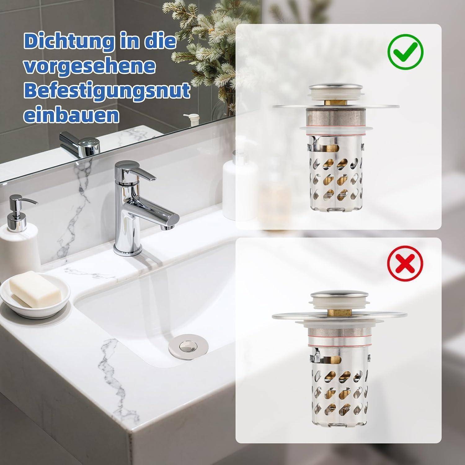 Waschbeckenbecken mit Wasserhahn und Ablauf; die deutsche Anleitung besagt, das Dichtungselement in der bereitgestellten Befestigungsmutter zu installieren und zeigt die korrekte und fehlerhafte Ablaufmontage.