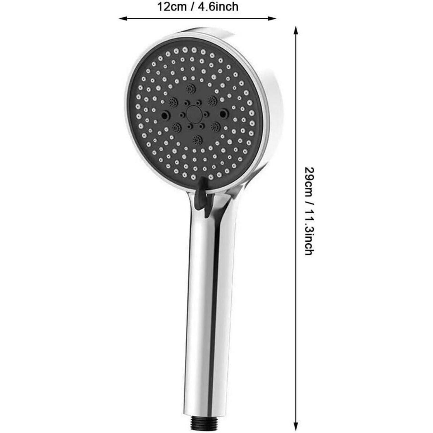 Verchromter Handbrausekopf in Vorderansicht mit Größenangaben: 12 cm breit und 29 cm lang.