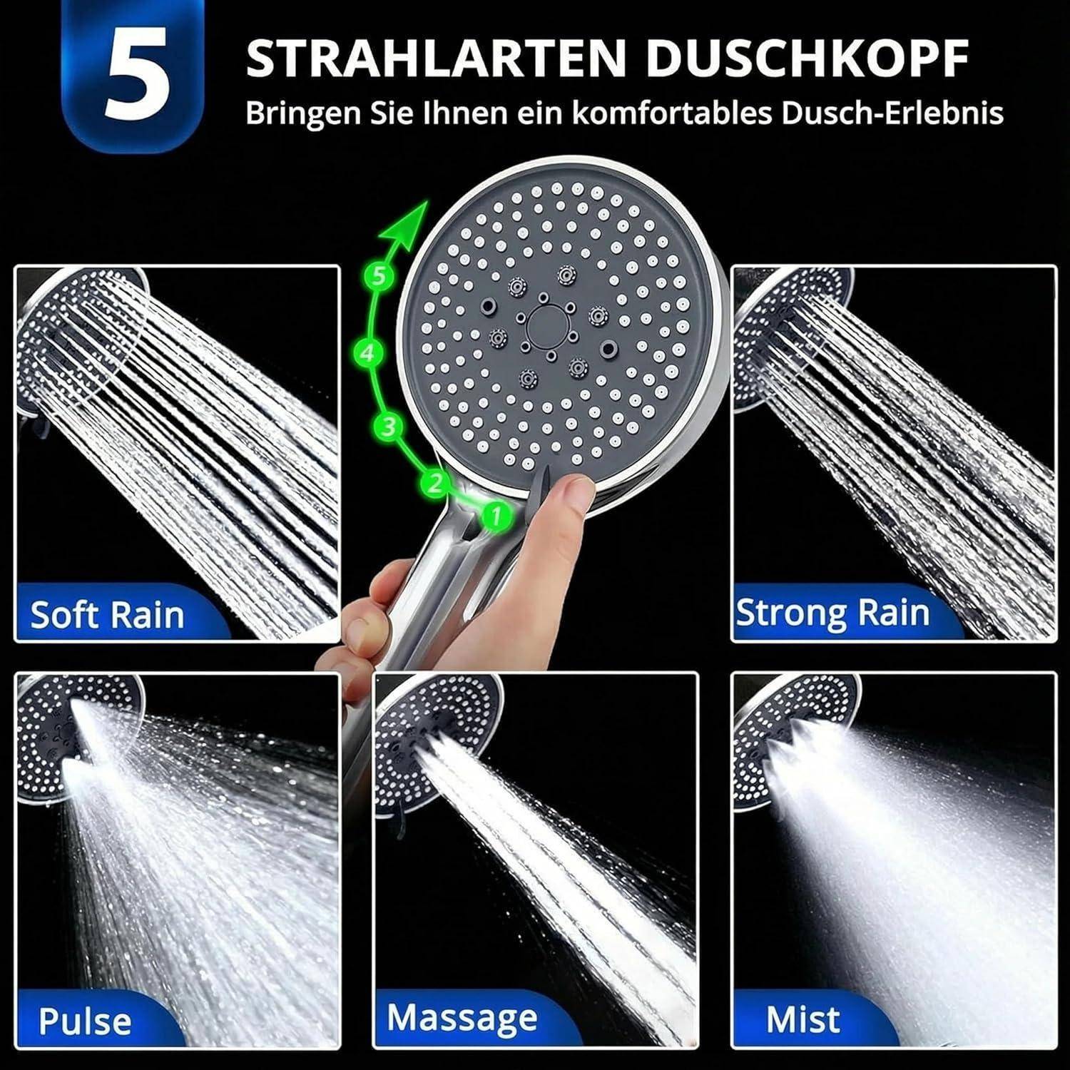 Werbegrafik für einen 5-Modi-Duschkopf mit der Bezeichnung 'STRAHLARTEN DUSCHKOPF', die Sprühoptionen zeigt: Sanfter Regen, Starkregen, Puls, Massage und Nebel.
