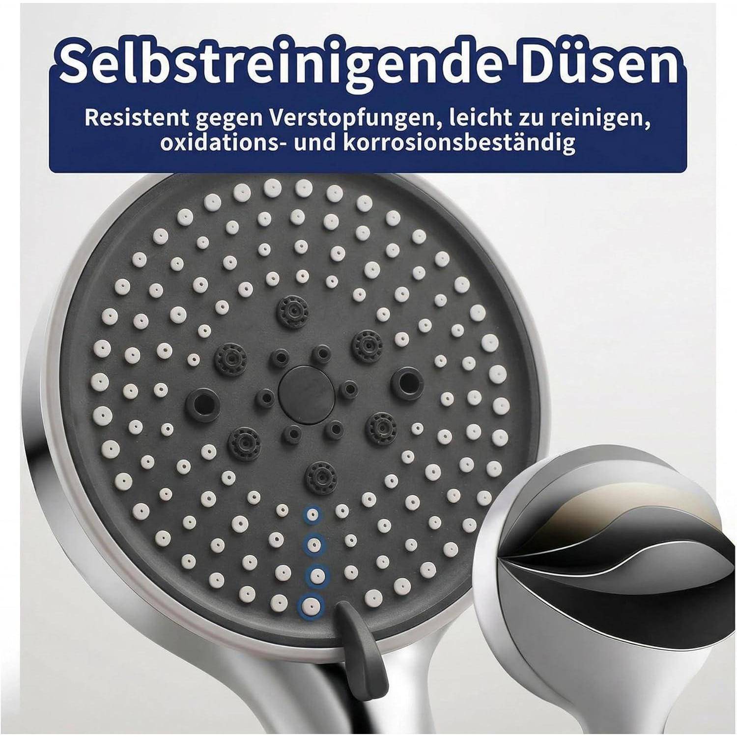 Anzeige für selbstreinigende Duschköpfe mit vielen kleinen Düsen und deutschem Text: 'Selbstreinigende Düsen' und 'Resistent gegen Verstopfungen, leicht zu reinigen, oxidations- und korrosionsbeständig'.