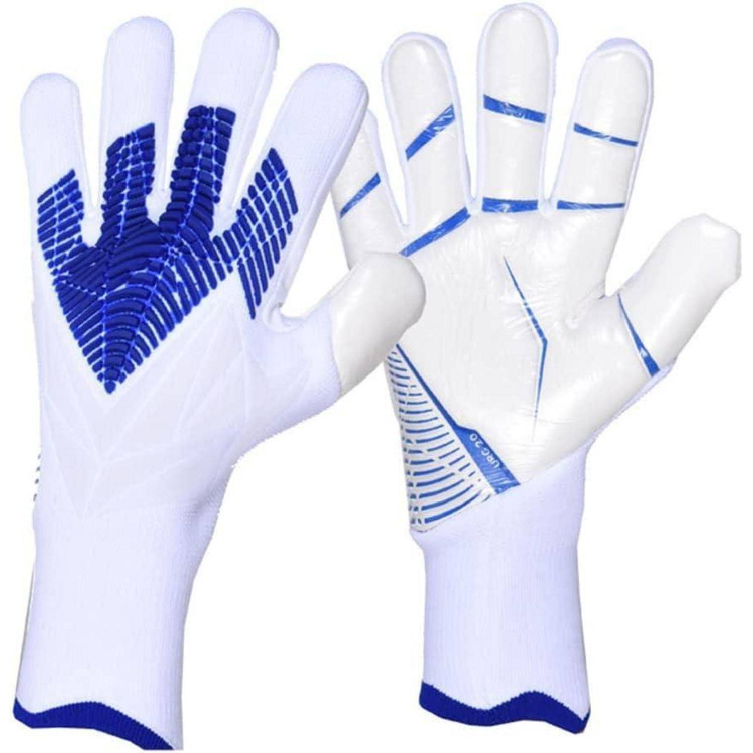 Paar weiße Arbeitshandschuhe mit blauen Griffmustern von vorne und hinten auf einfachem Hintergrund dargestellt.