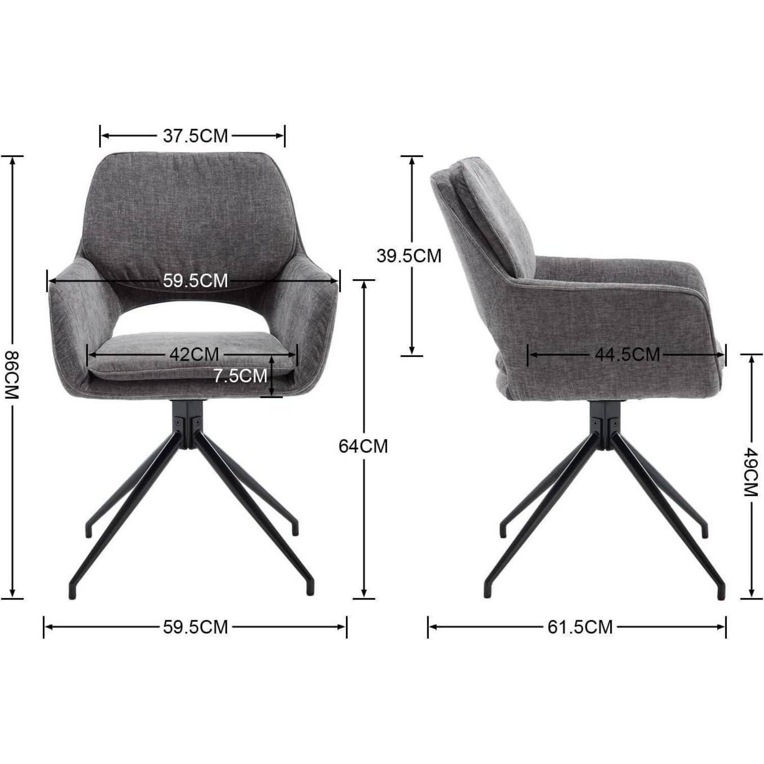 Grauer gepolsterter Drehstuhl mit Vorder- und Seitenansicht und folgenden Abmessungen: 59,5 cm breit, 86 cm hoch, 61,5 cm tief, 64 cm Sitzhöhe.