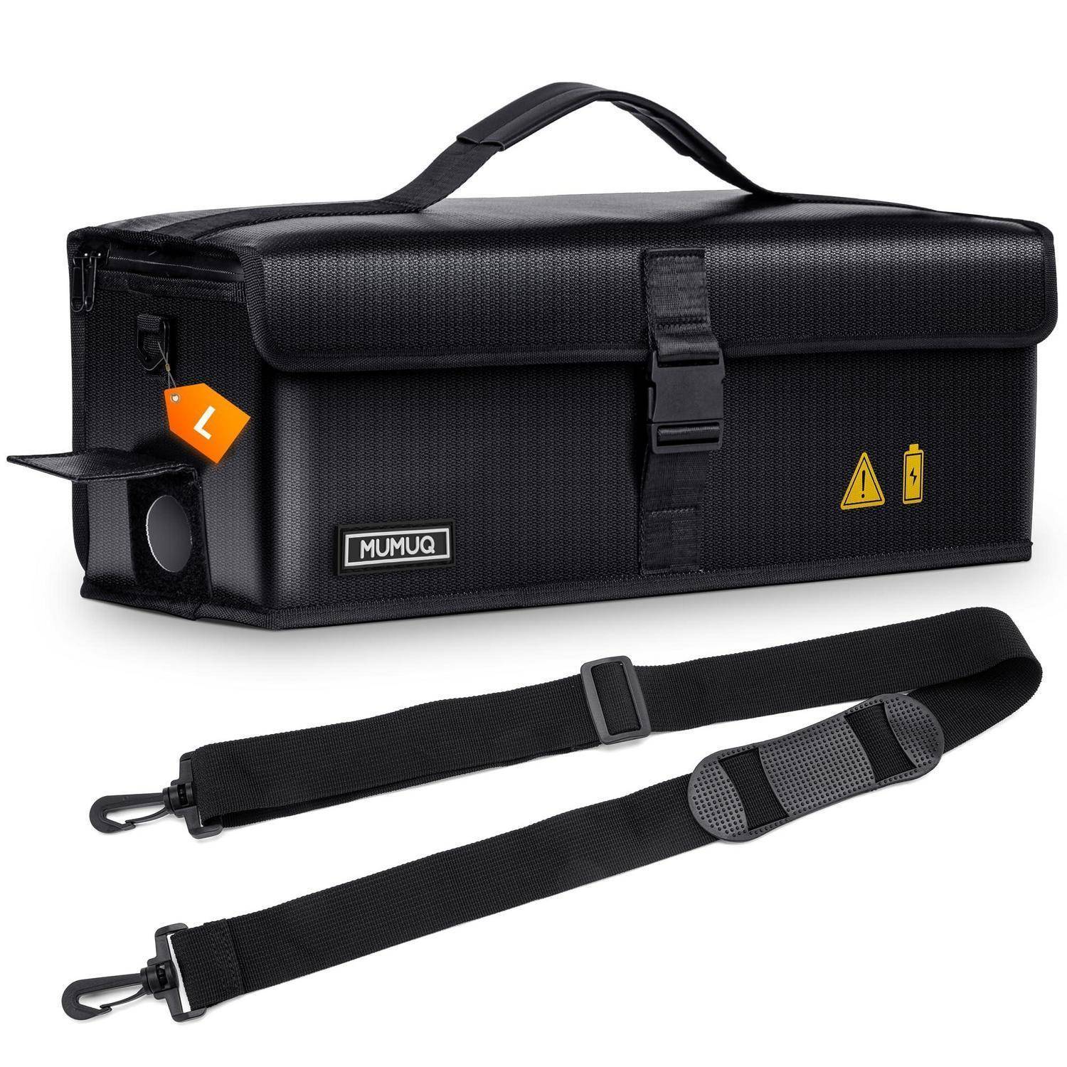 Schwarze isolierte Lagertasche mit Tragegriff, Frontschnalle, Seitentasche, Warnsymbolen und zwei abnehmbaren Schultergurten wie nachstehend dargestellt.