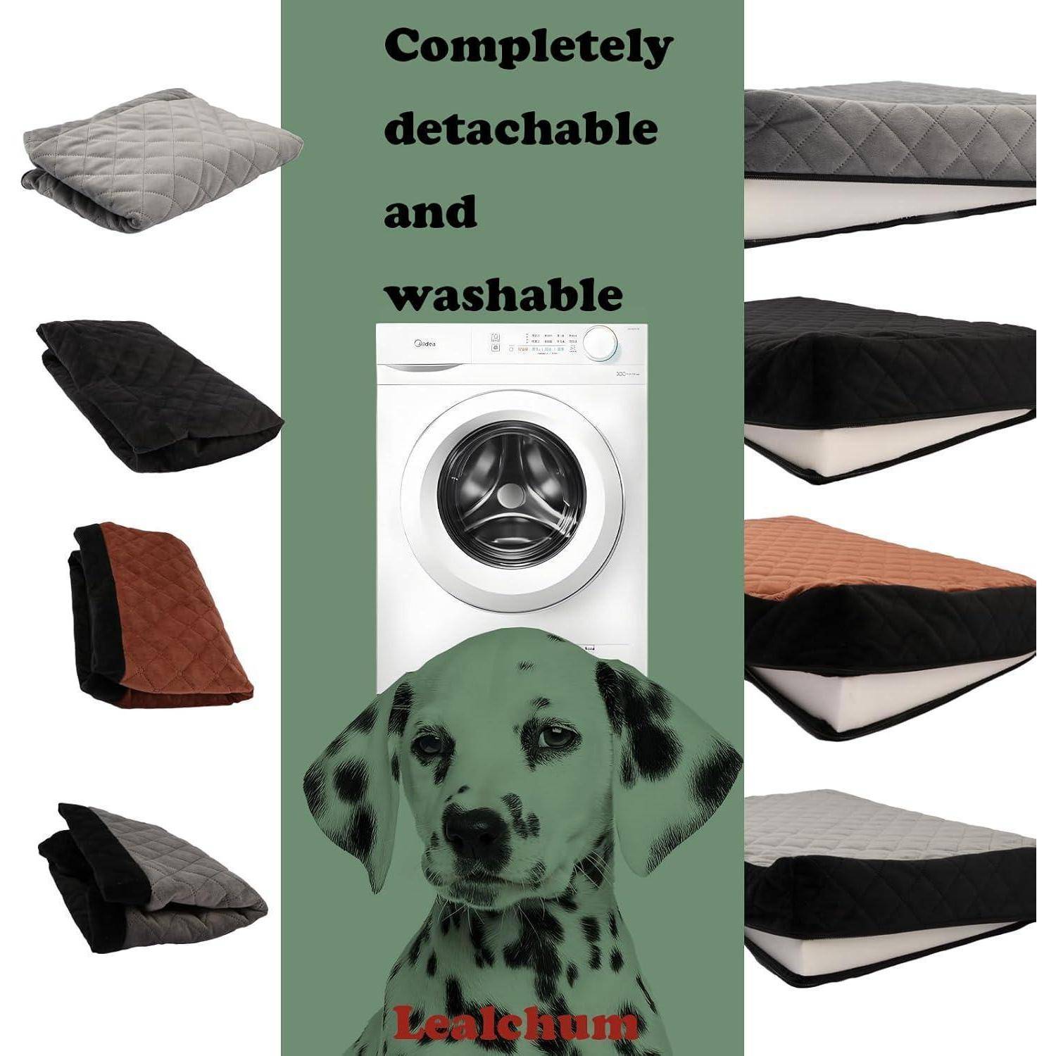 Werbegrafik für eine Hundebettauflage, die gesteppte Bezüge in mehreren Farben, eine Waschmaschine und Text „Vollständig abnehmbar und waschbar