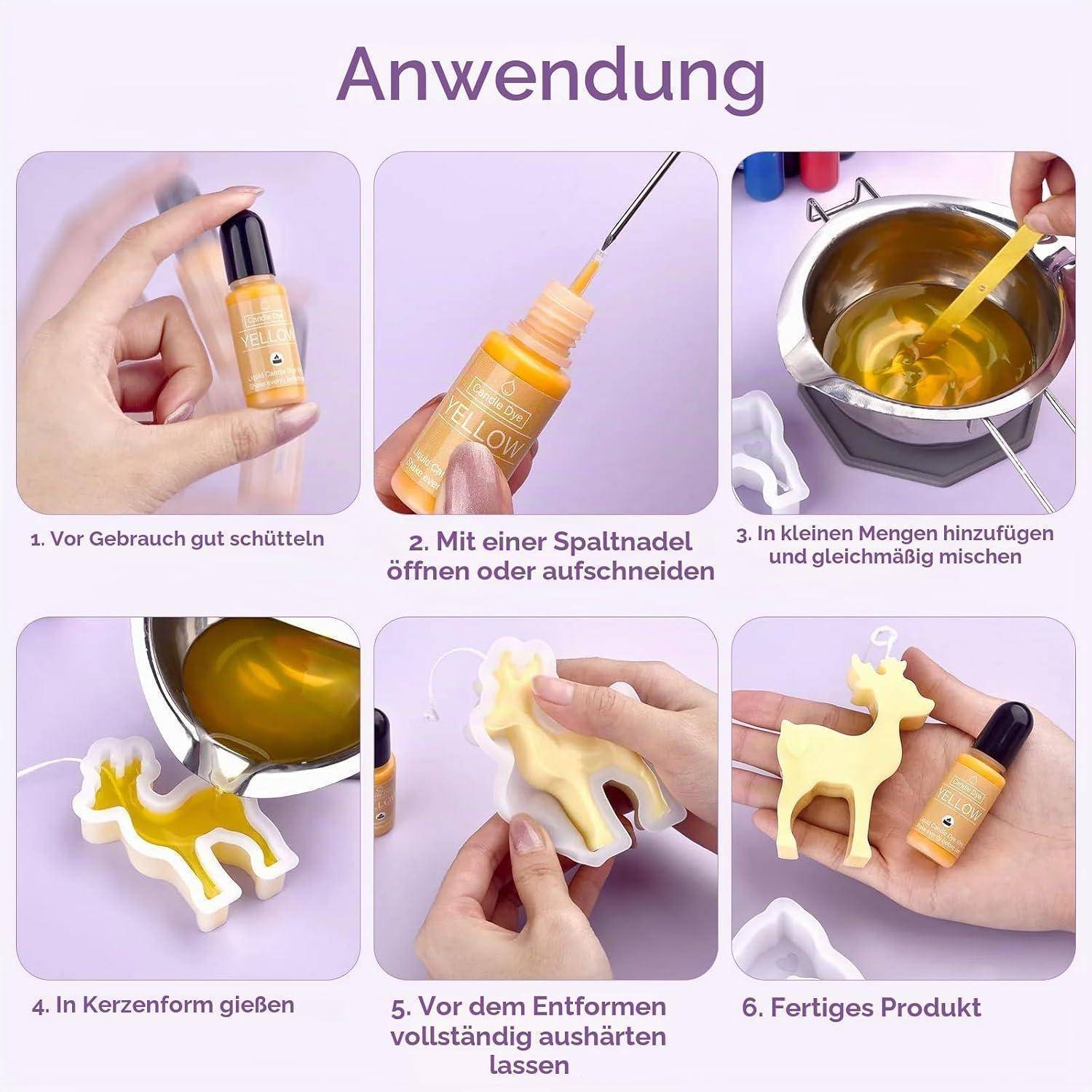 Anleitungs-Collage zur Verwendung eines gelben Flüssigprodukts: Flasche schütteln, mit einem Spachtel öffnen, in einer Schüssel mischen, in eine hirschförmige Form gießen, aushärten lassen und das fertige hirschförmige Produkt zeigen.
