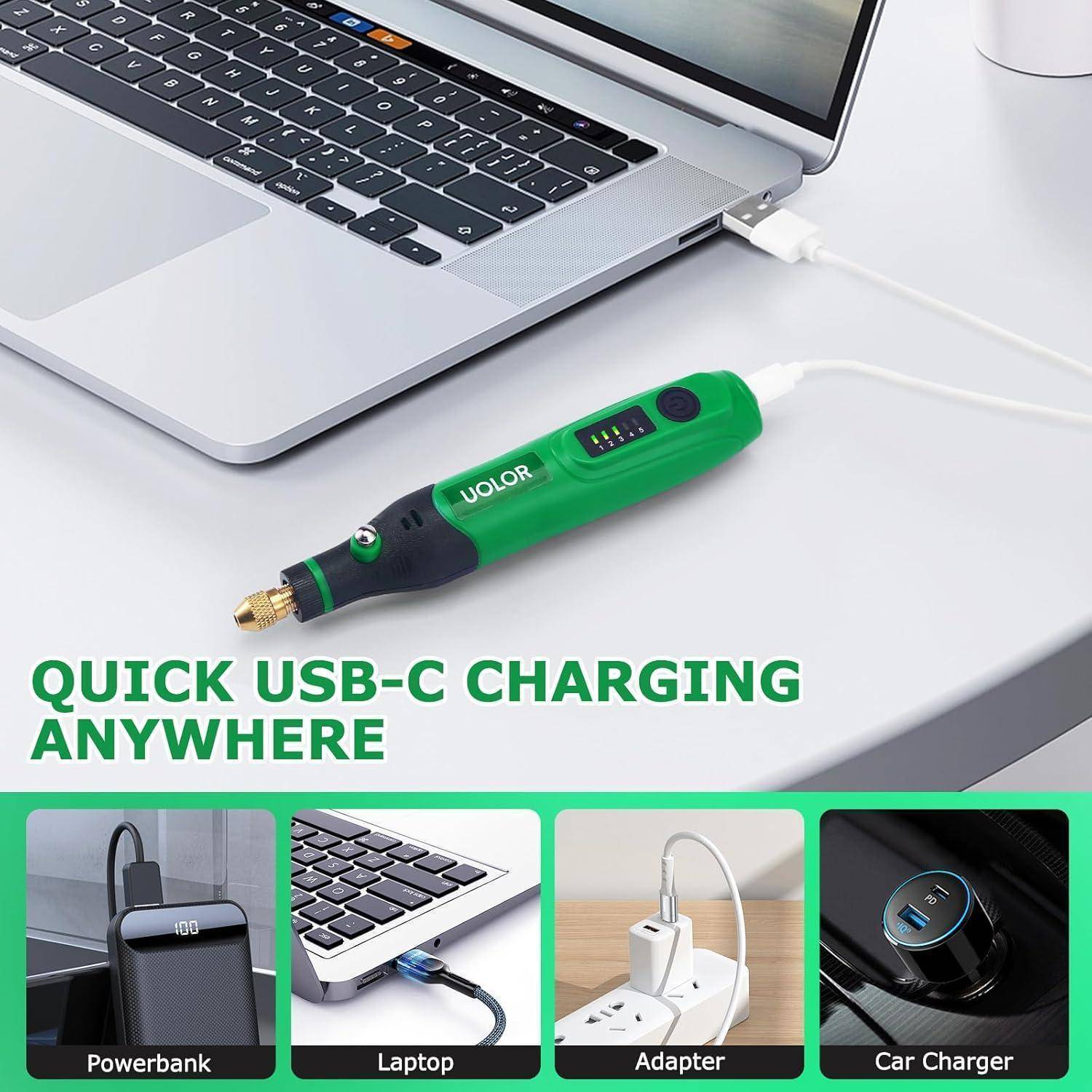 Grünes USB-C-Ladegerät-Rotationswerkzeug mit Stromanzeige, dargestellt mit einem Laptop, der über Kabel geladen wird, und vier Nutzungsszenen: Powerbank, Laptop, Adapter und Autoladezeug.