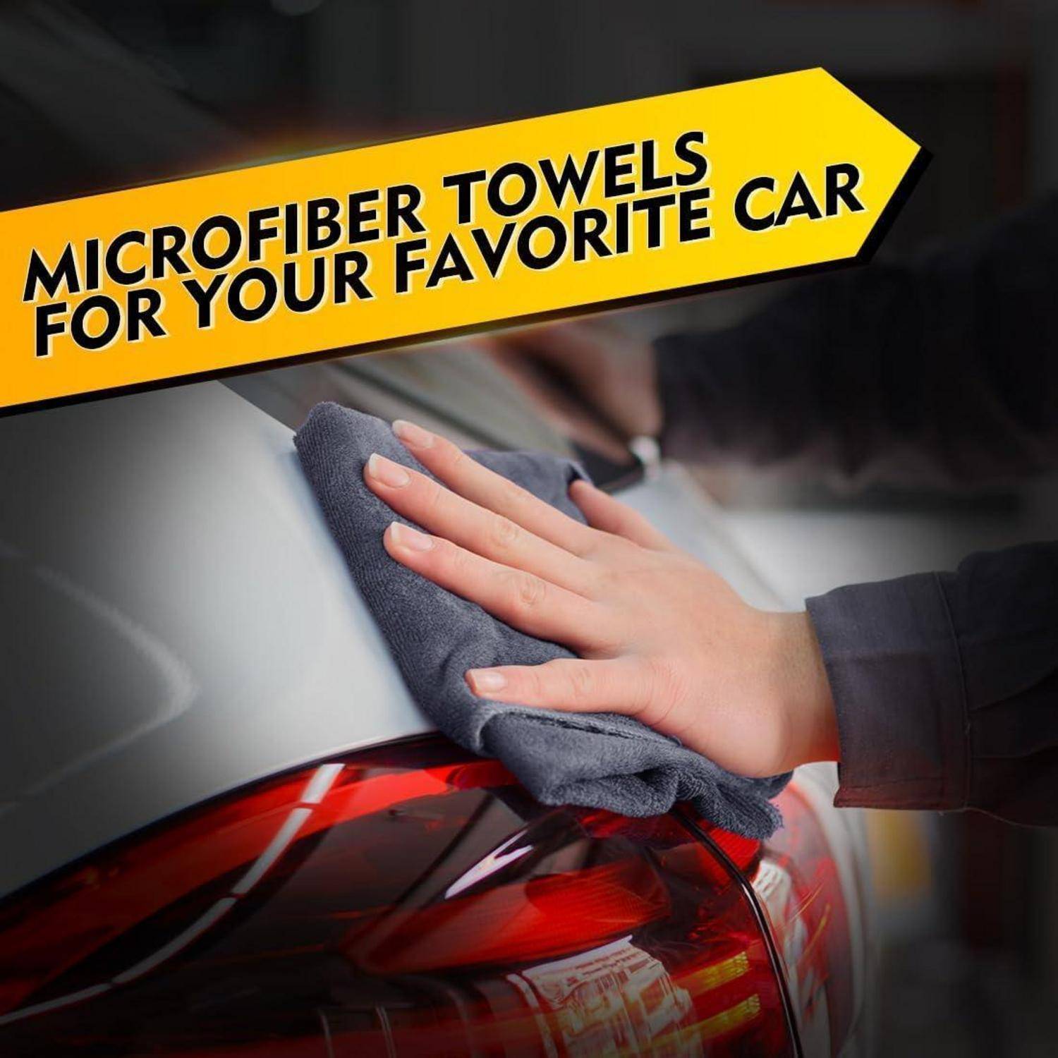 Person wischt ein Auto mit einem Mikrofasertuch ab; Text sagt „MIKROFASERTÜCHER FÜR DEIN LIEBLINGS-AUTO