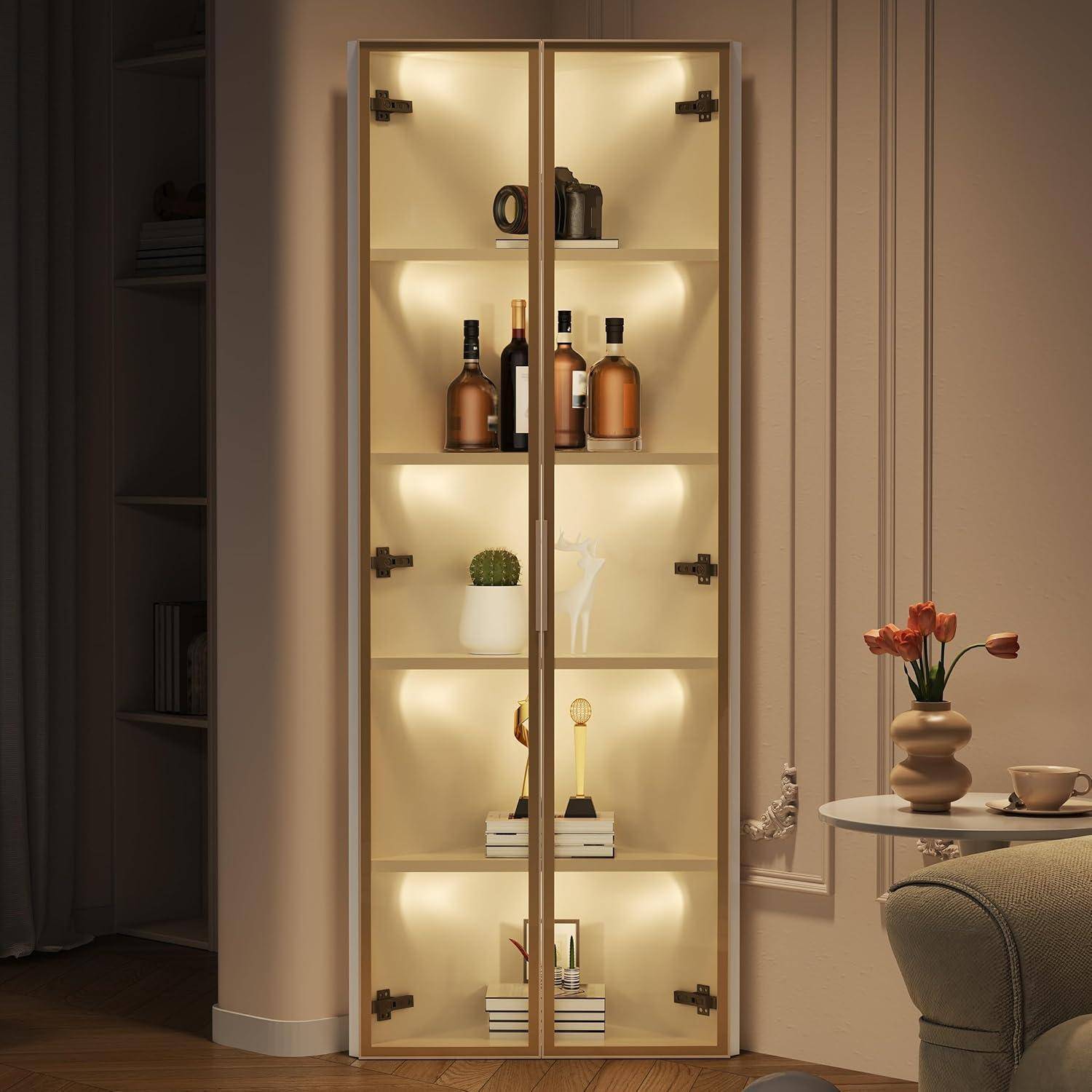 Vitrine 62 x 35 x 160 cm aus gehärtetem Glas gefertigt, Eckvitrine mit integriertem Lichtband, staubdichte Vitrine, Glasvitrine für Wohnzimmer,Schla
