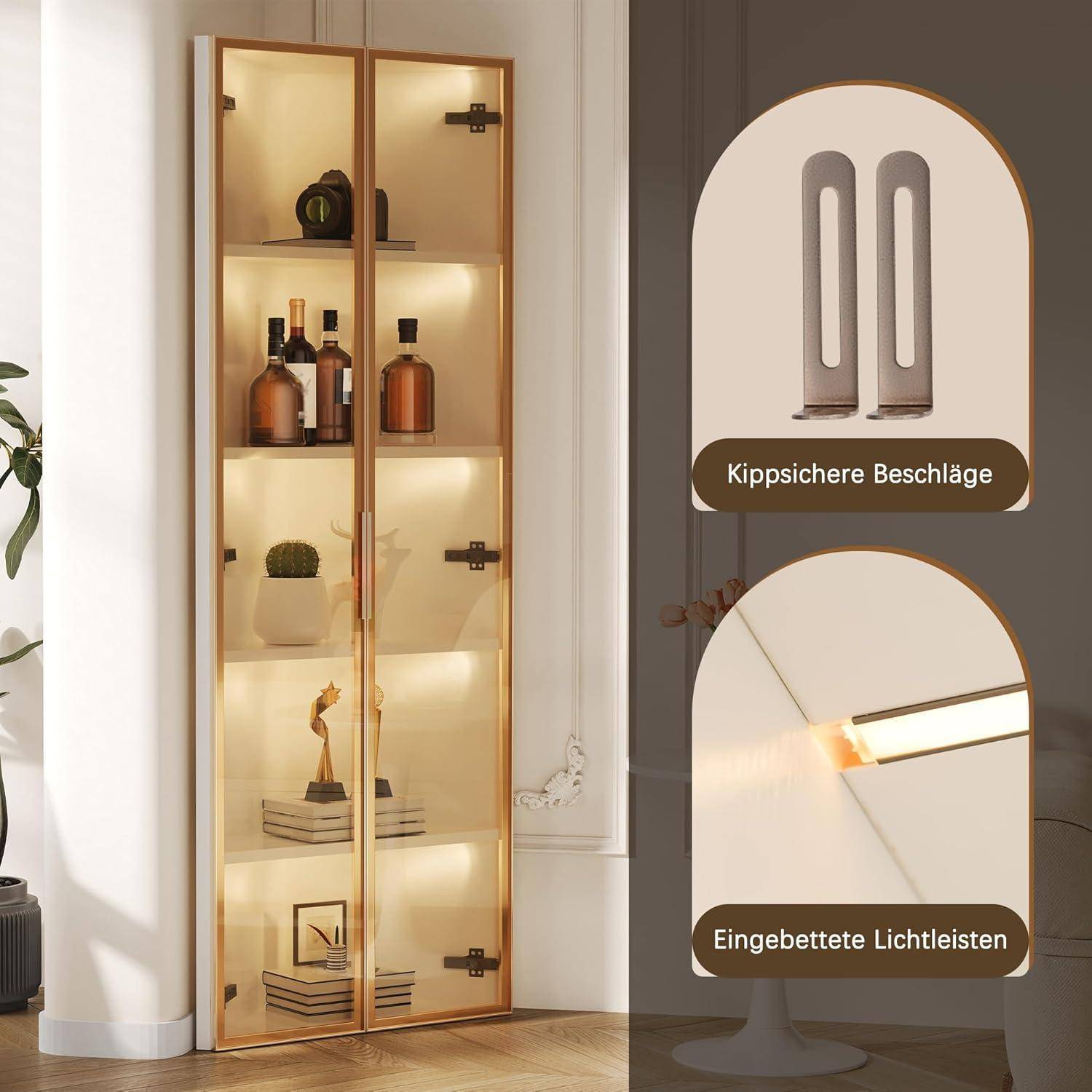 Vitrine 62 x 35 x 160 cm aus gehärtetem Glas gefertigt, Eckvitrine mit integriertem Lichtband, staubdichte Vitrine, Glasvitrine für Wohnzimmer,Schla