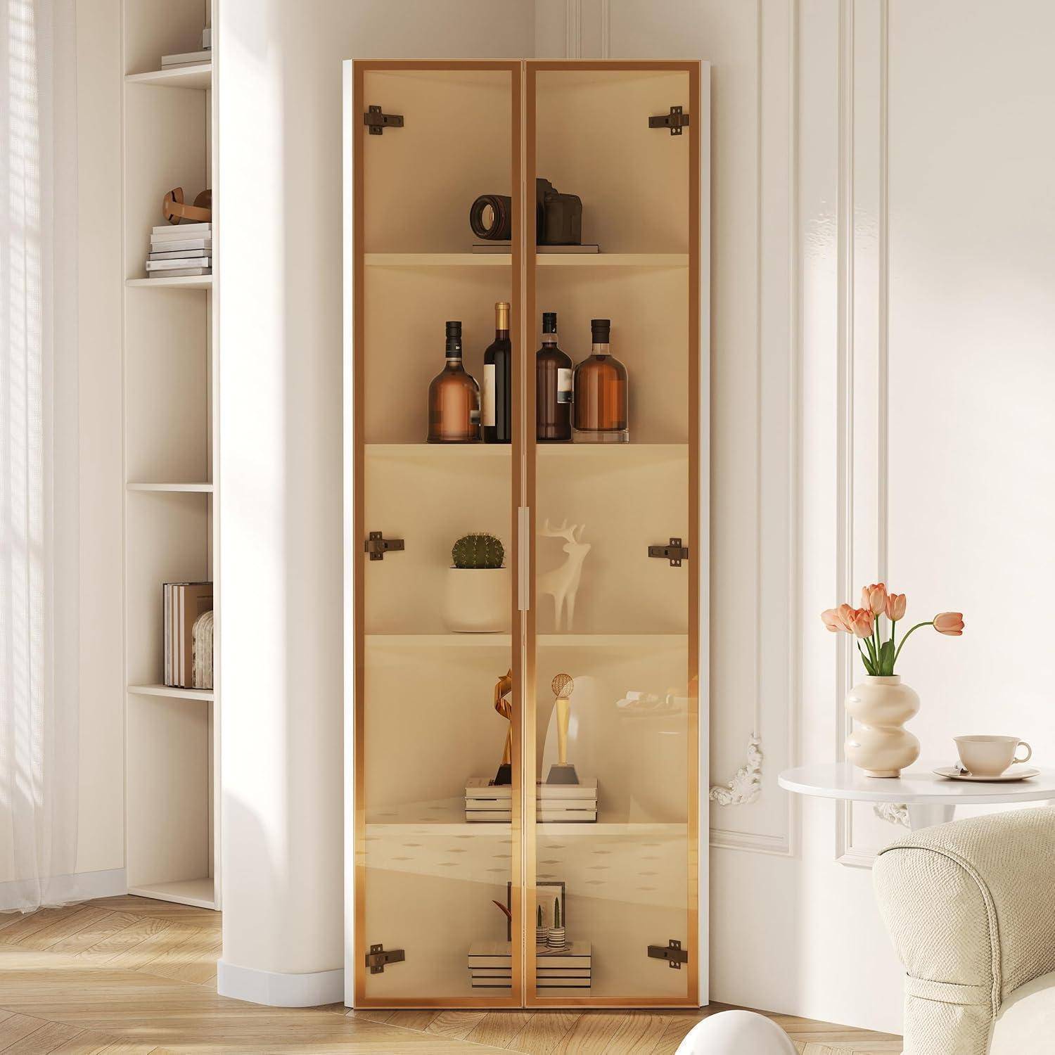 Vitrine 62 x 35 x 160 cm aus gehärtetem Glas gefertigt, Eckvitrine mit integriertem Lichtband, staubdichte Vitrine, Glasvitrine für Wohnzimmer,Schla